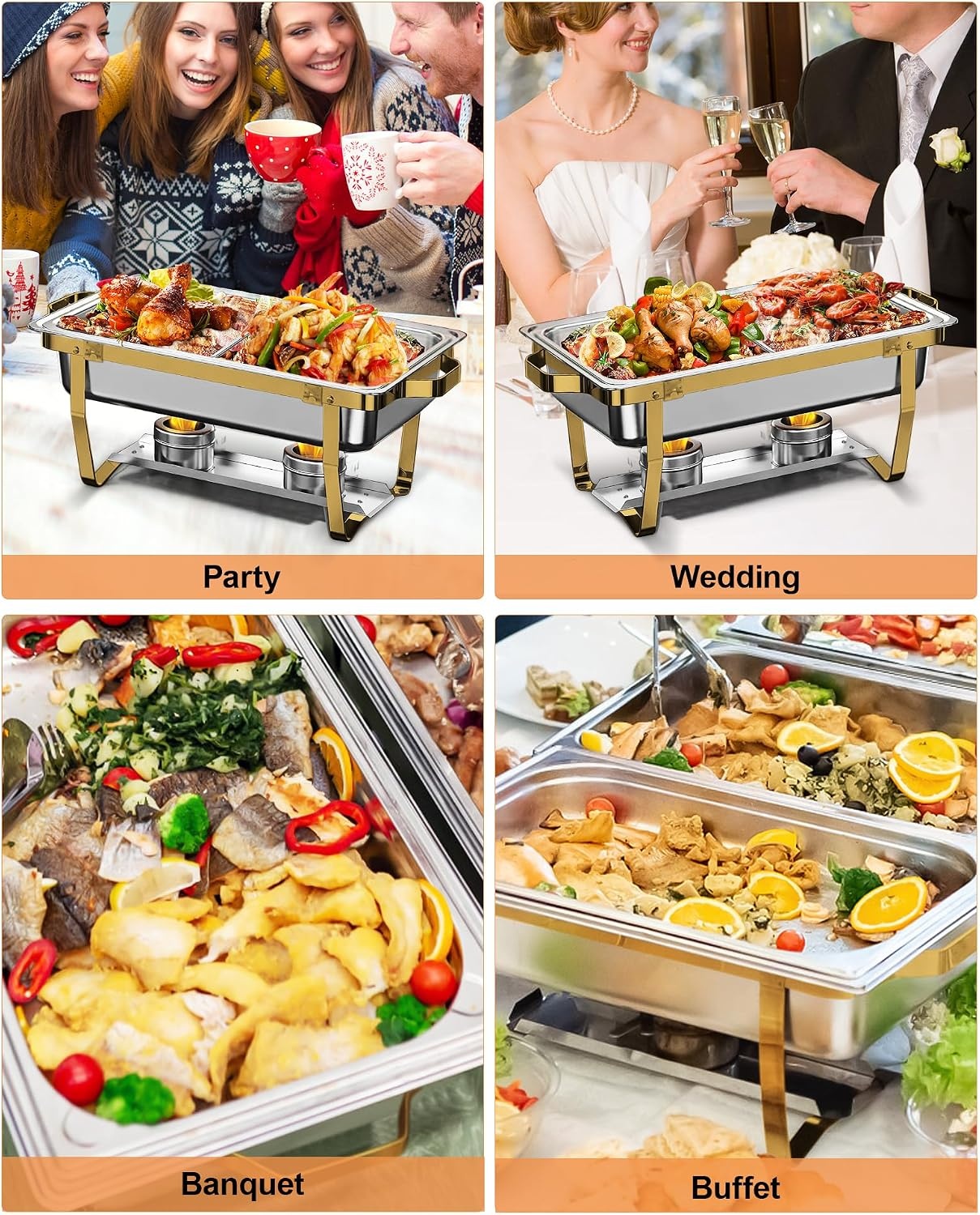4x Chafing Dish Set 9L Goud - Warmhouders voor Buffet & Feesten - 35% Korting