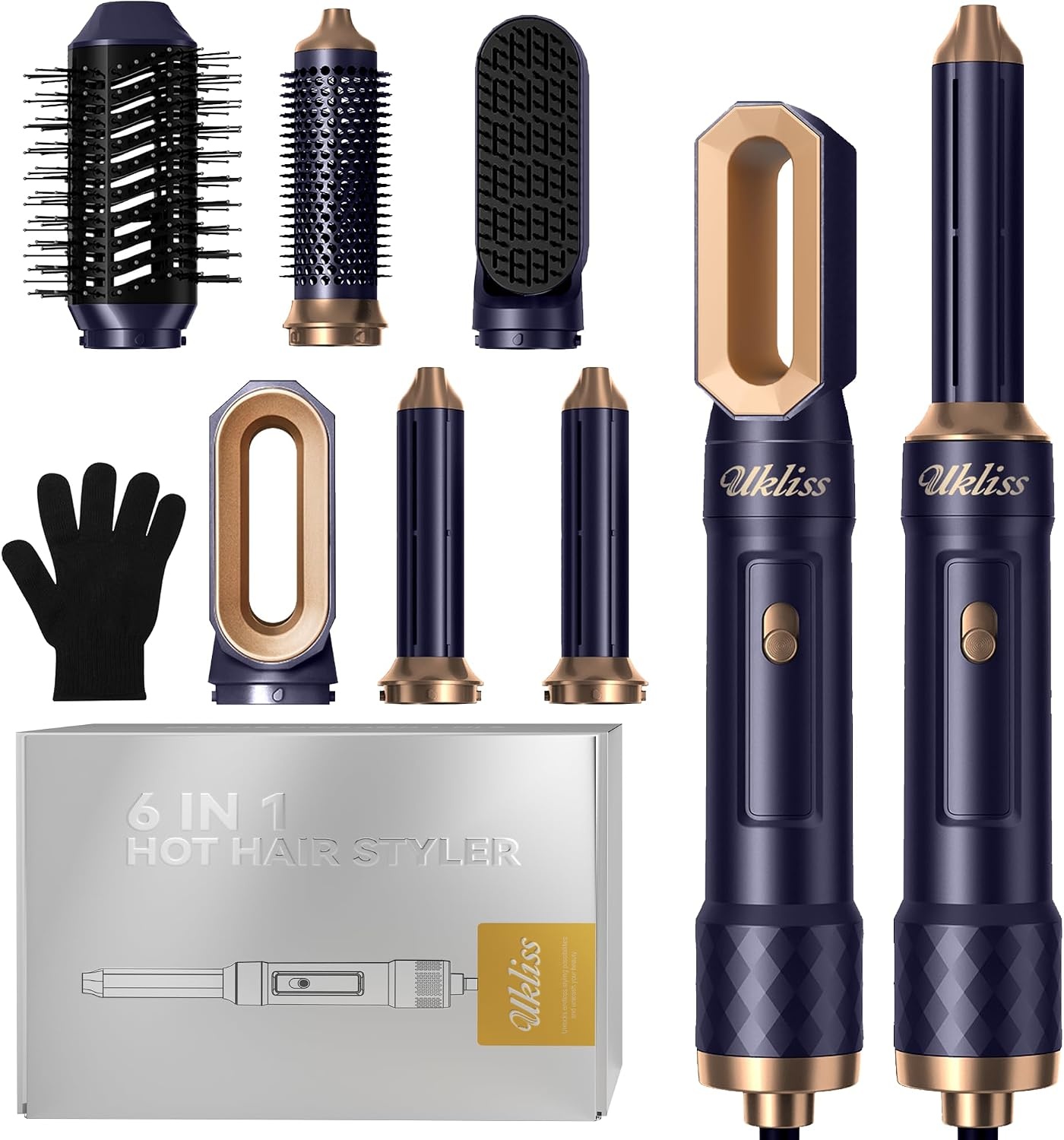 UKLISS 6-in-1 Haarstyler en Föhnset met Automatische Krultang - Blauw
