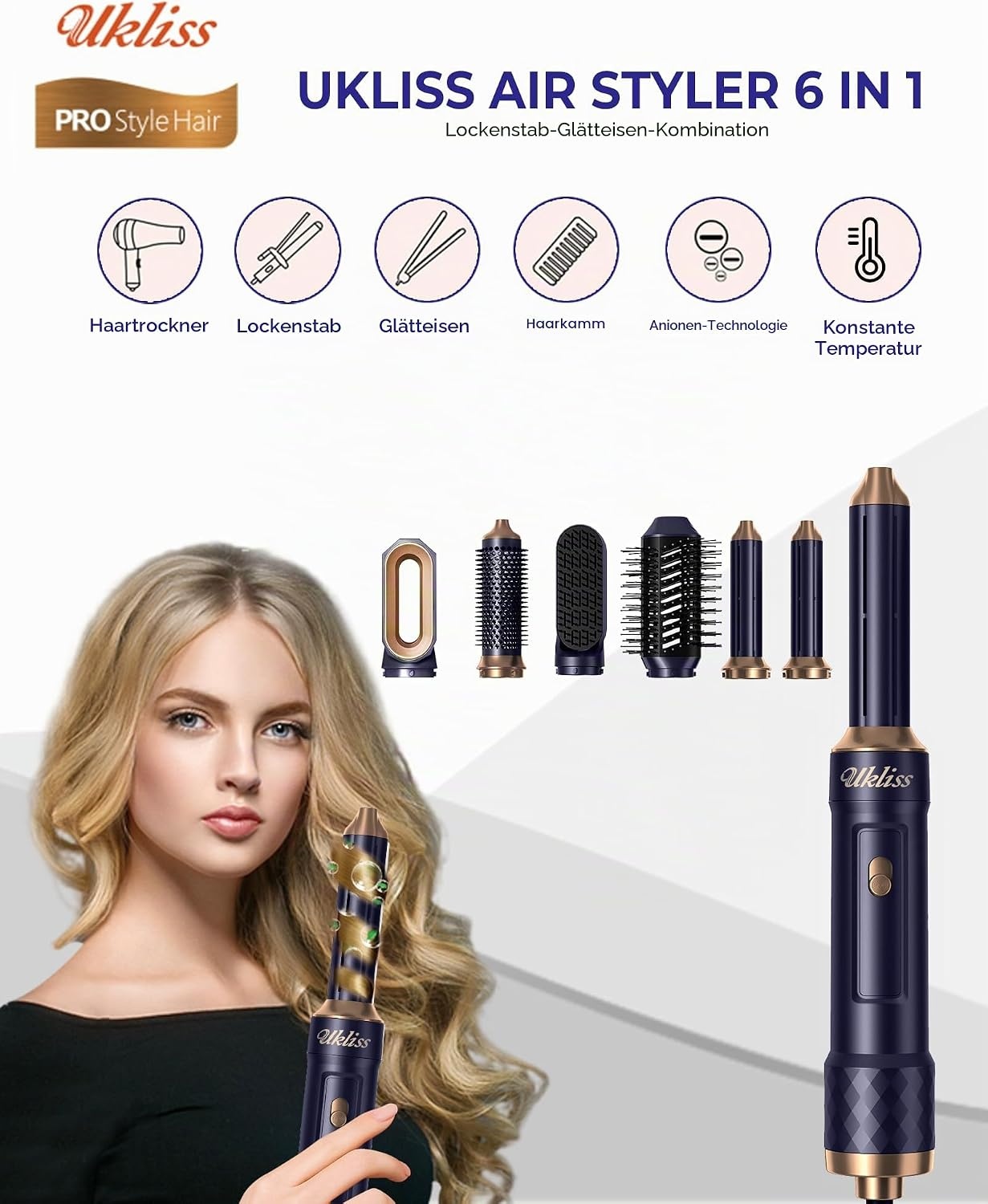 UKLISS 6-in-1 Haarstyler en Föhnset met Automatische Krultang - Blauw