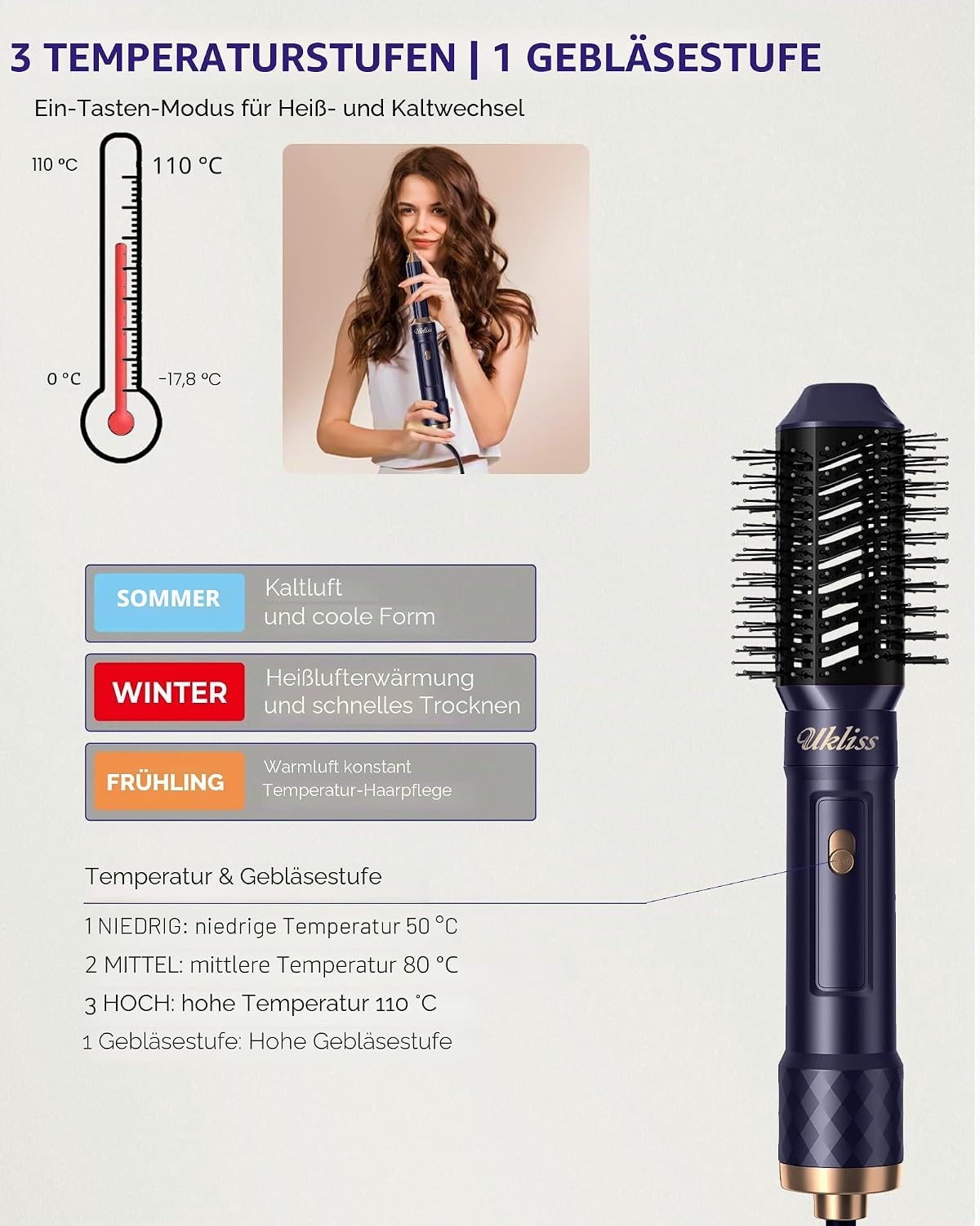 UKLISS 6-in-1 Haarstyler en Föhnset met Automatische Krultang - Blauw