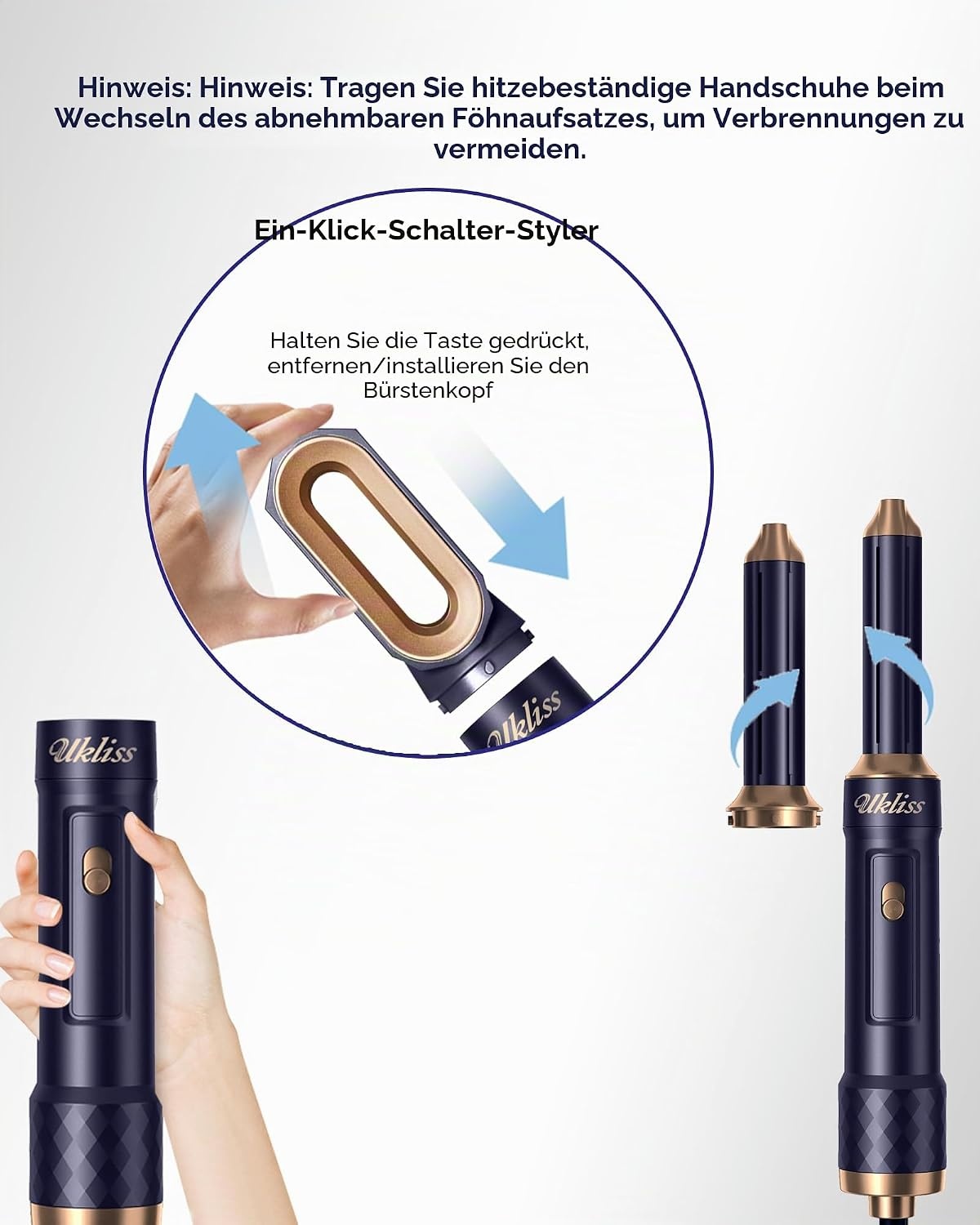 UKLISS 6-in-1 Haarstyler en Föhnset met Automatische Krultang - Blauw