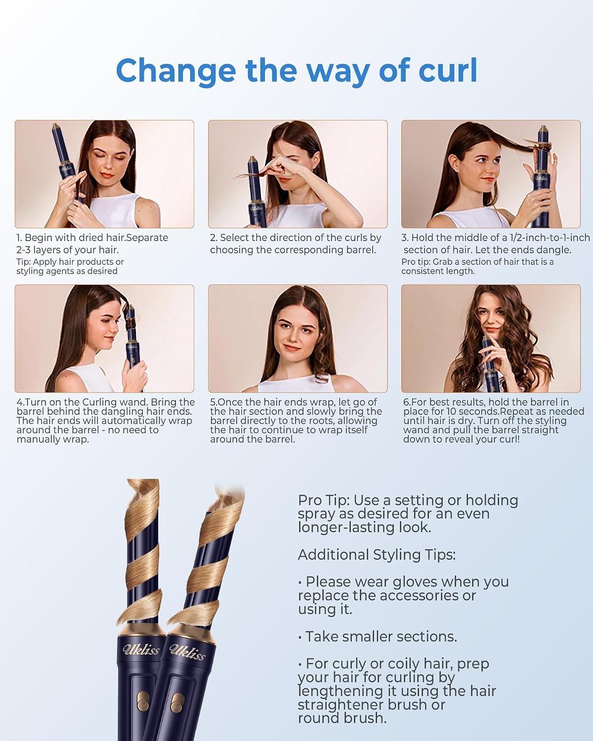 UKLISS 6-in-1 Haarstyler en Föhnset met Automatische Krultang - Blauw