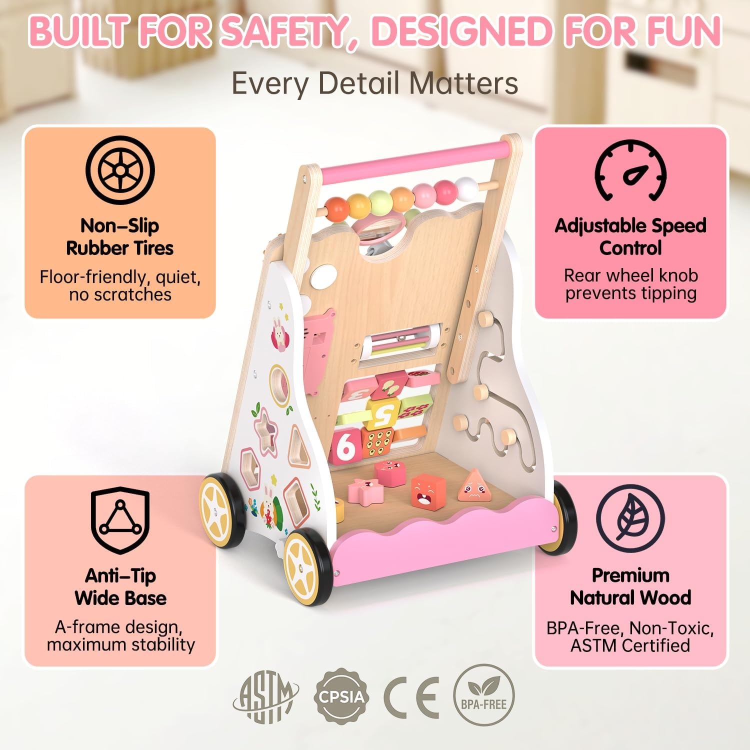 Houten Loopwagen met Activiteitenbord - Montessori - Natuurlijk Design - 34% Korting
