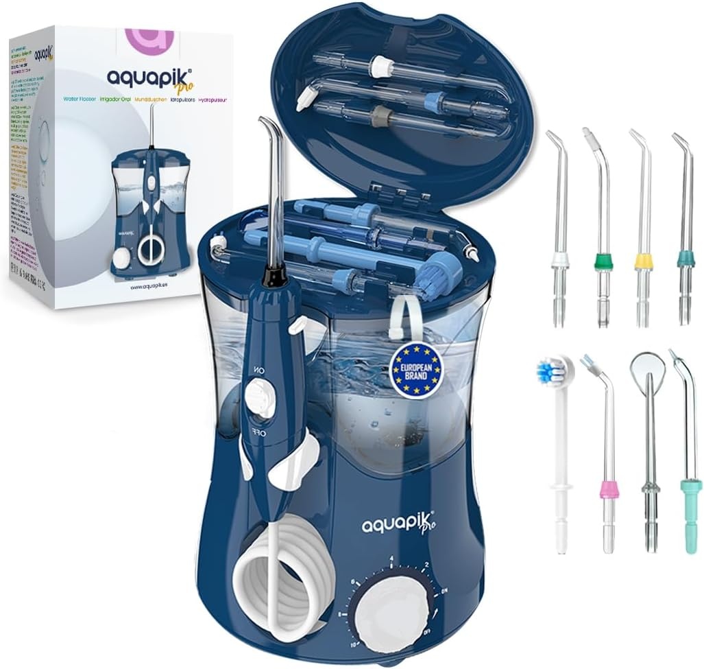 Aquapik® PRO Professionele Water Flosser | Verwijdert Tandplak + Aanbevolen door Tandartsen + Zorgt voor Implantaten en Orthodontie | Monddouche met 8 Opzetstukken + 10 Drukniveaus + 600 ml Capaciteit