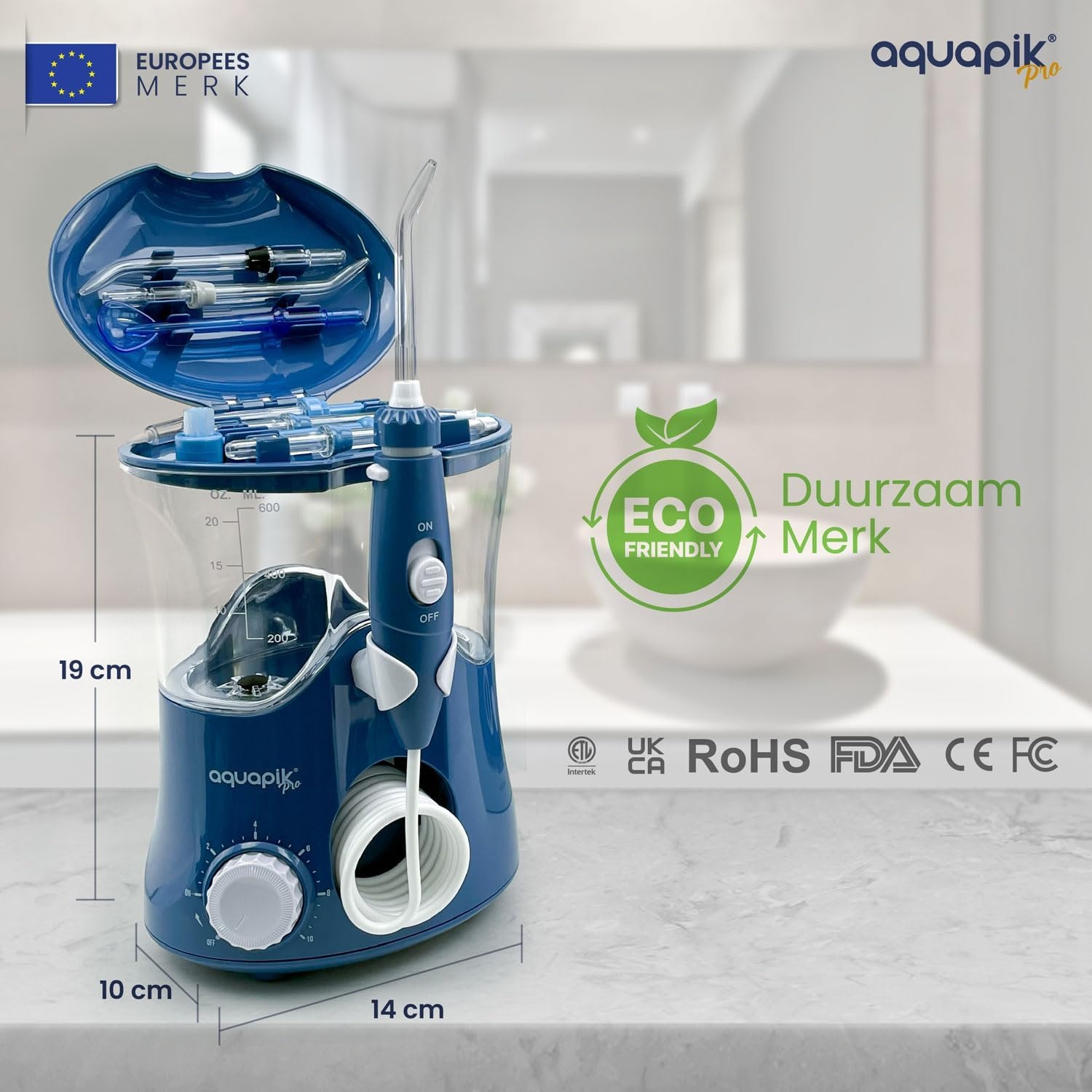 Aquapik® PRO Professionele Water Flosser | Verwijdert Tandplak + Aanbevolen door Tandartsen + Zorgt voor Implantaten en Orthodontie | Monddouche met 8 Opzetstukken + 10 Drukniveaus + 600 ml Capaciteit