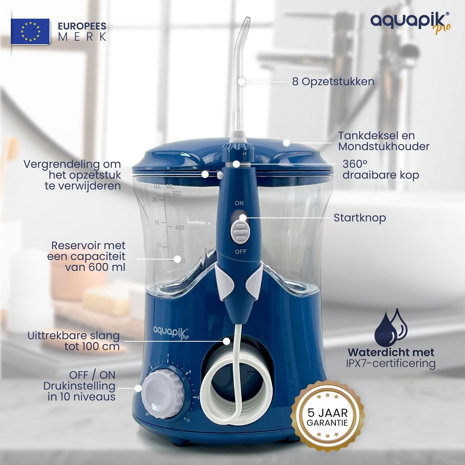 Aquapik® PRO Professionele Water Flosser | Verwijdert Tandplak + Aanbevolen door Tandartsen + Zorgt voor Implantaten en Orthodontie | Monddouche met 8 Opzetstukken + 10 Drukniveaus + 600 ml Capaciteit