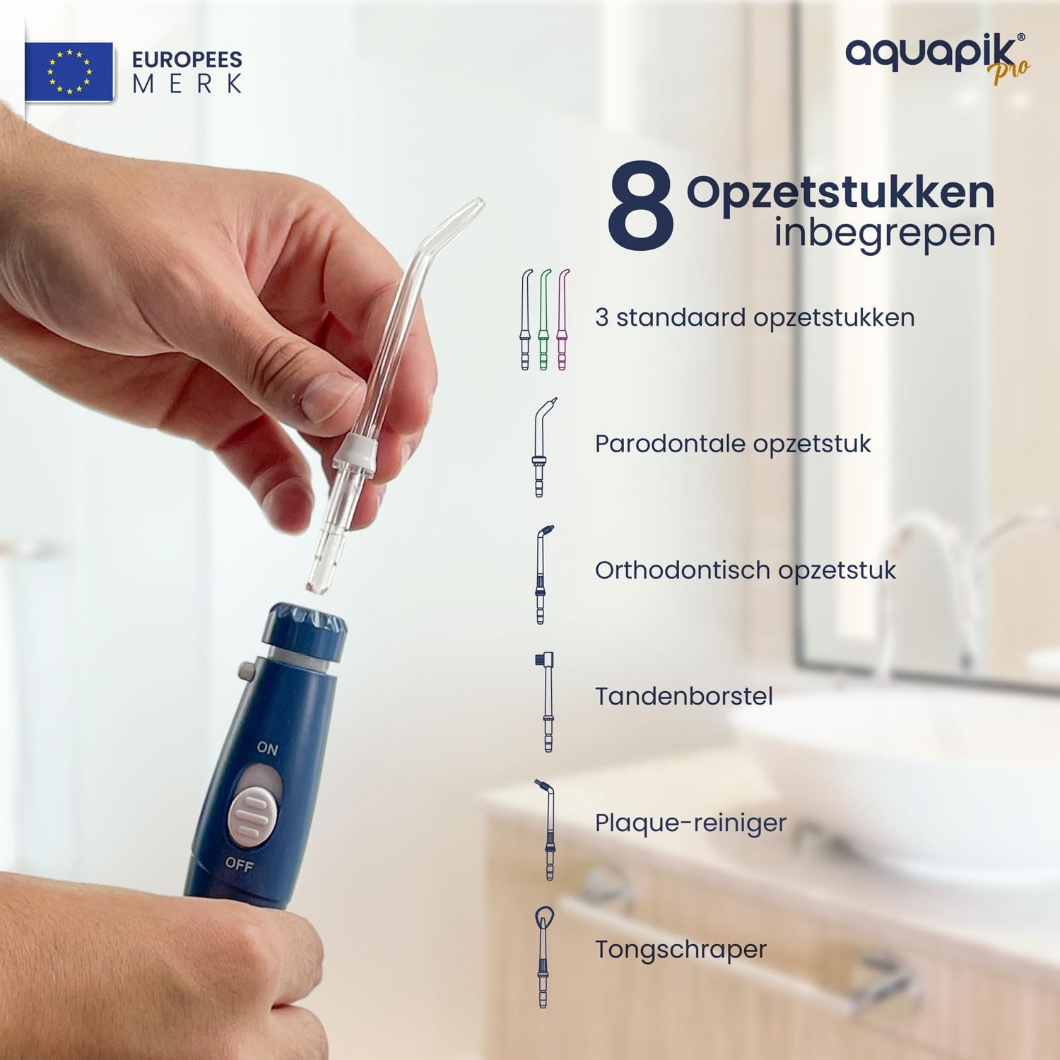 Aquapik® PRO Professionele Water Flosser | Verwijdert Tandplak + Aanbevolen door Tandartsen + Zorgt voor Implantaten en Orthodontie | Monddouche met 8 Opzetstukken + 10 Drukniveaus + 600 ml Capaciteit