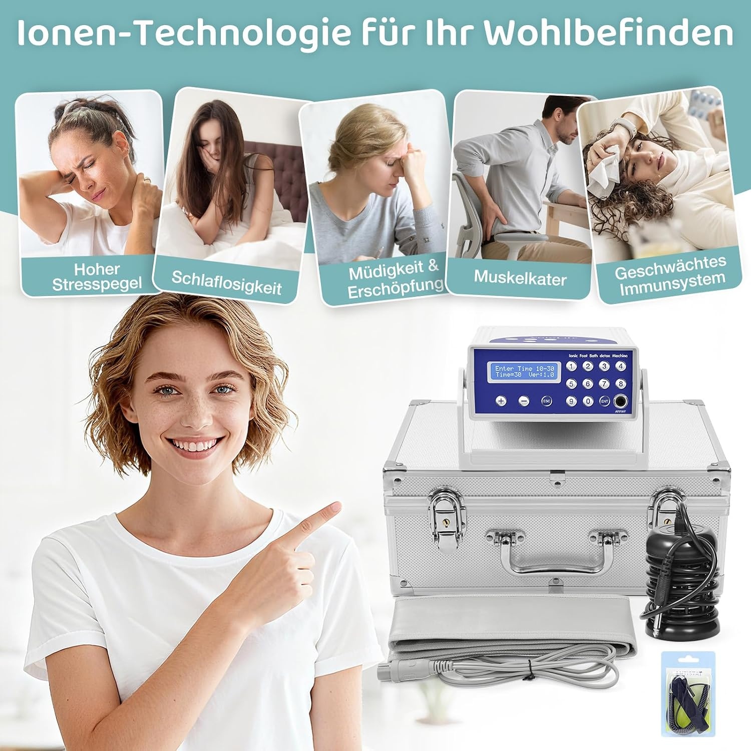 Ionen voetbad, ionen-voetbad, detox in een aluminium koffer, detox voetbad met infrarood heupgordel, verbetering van de doorbloeding en de slaap (zonder bekken)