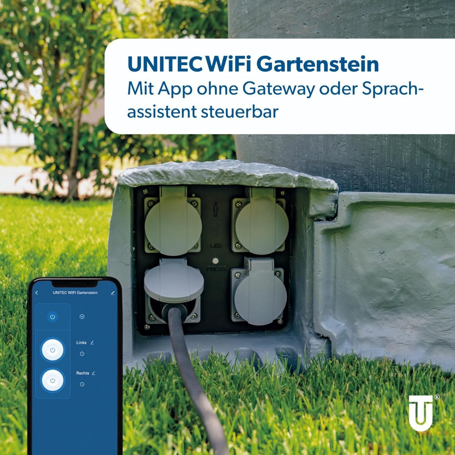 UNITEC Wifi-stekkerverdeler voor de tuin in steenlook, tuinstopcontact, buitenstopcontact, IP 44, 4 stopcontacten, kubus
