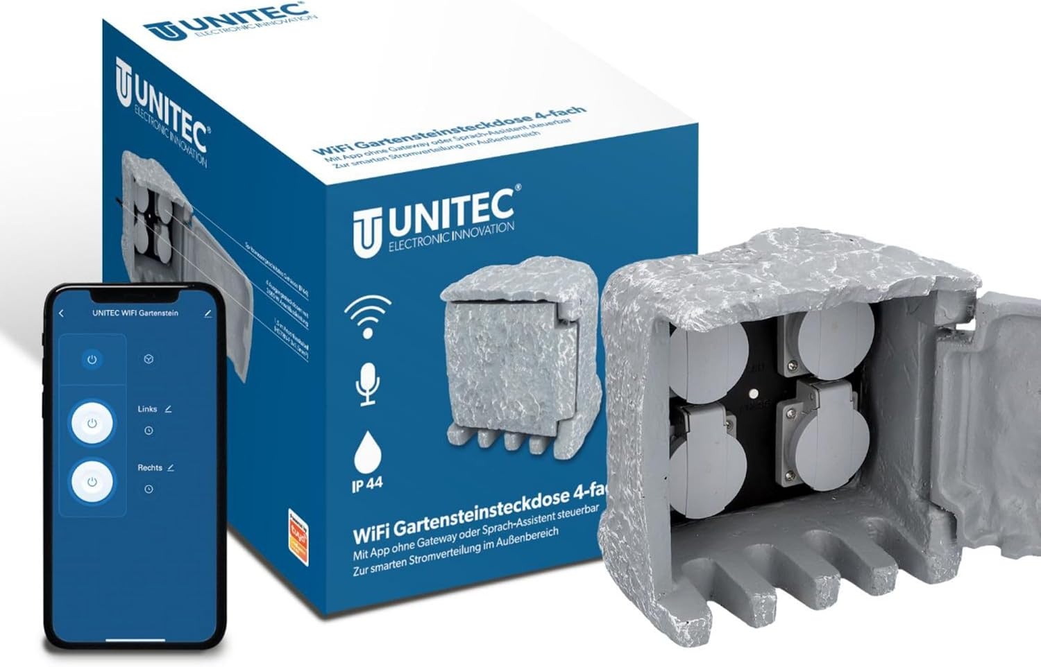 UNITEC Wifi-stekkerverdeler voor de tuin in steenlook, tuinstopcontact, buitenstopcontact, IP 44, 4 stopcontacten, kubus