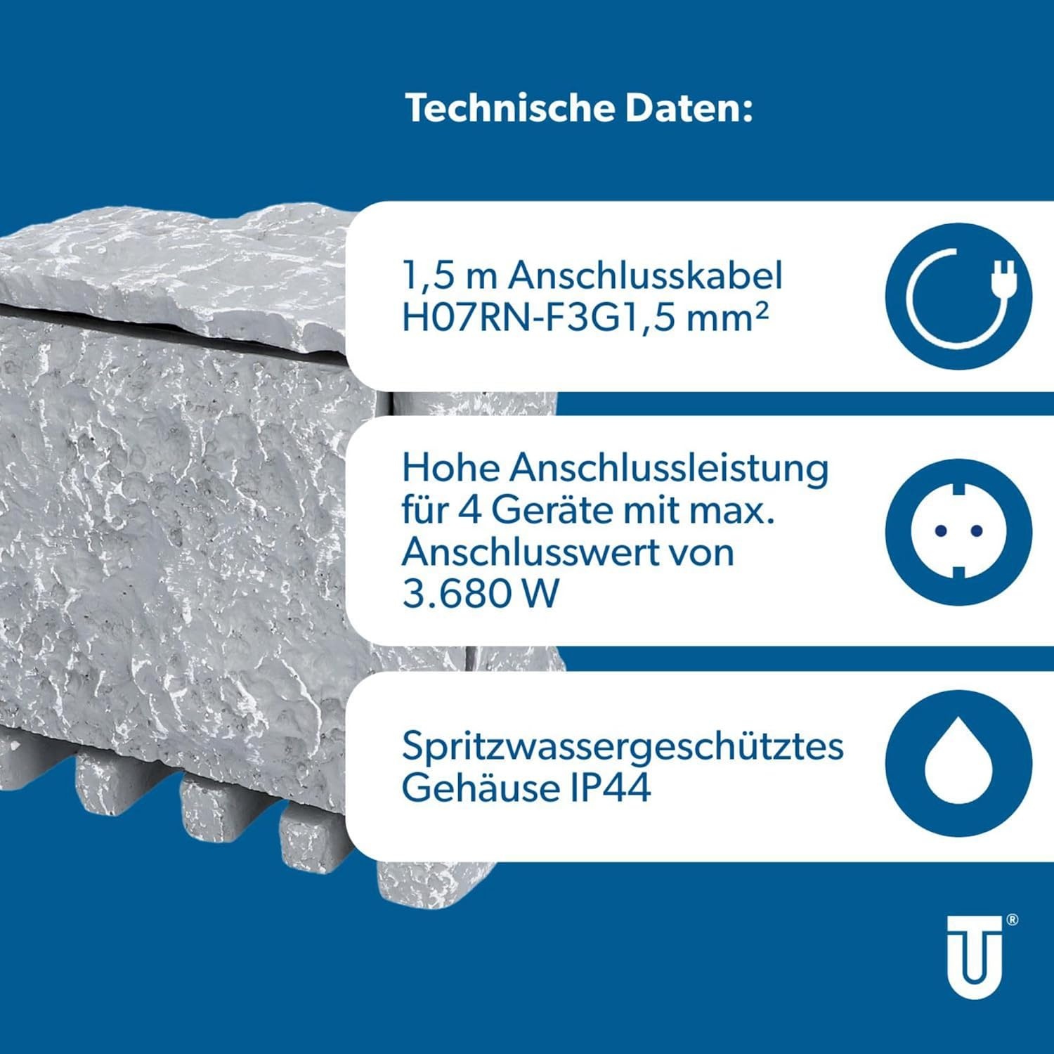 UNITEC Wifi-stekkerverdeler voor de tuin in steenlook, tuinstopcontact, buitenstopcontact, IP 44, 4 stopcontacten, kubus