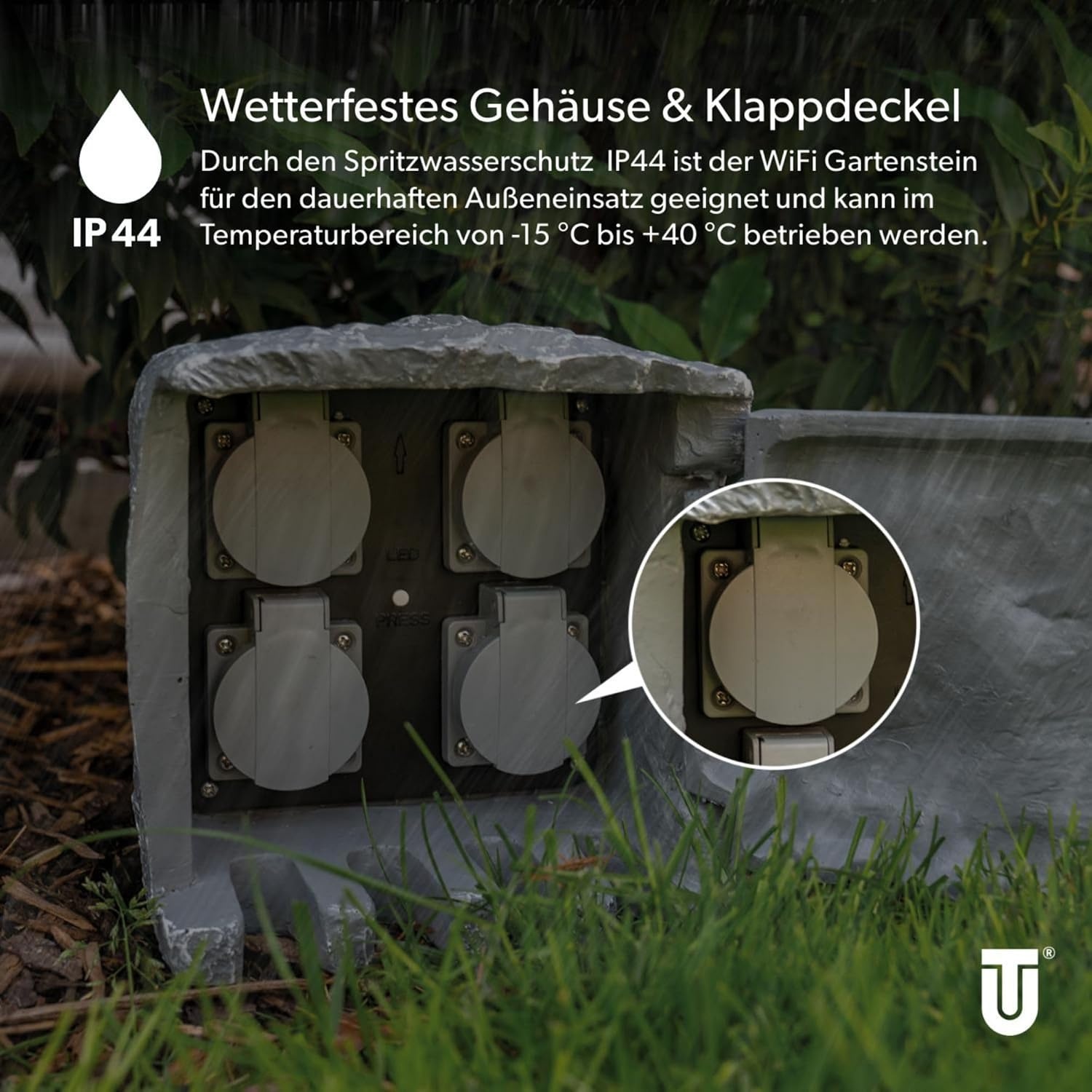 UNITEC Wifi-stekkerverdeler voor de tuin in steenlook, tuinstopcontact, buitenstopcontact, IP 44, 4 stopcontacten, kubus