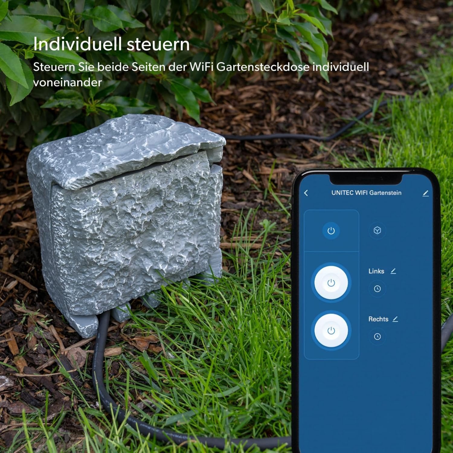 UNITEC Wifi-stekkerverdeler voor de tuin in steenlook, tuinstopcontact, buitenstopcontact, IP 44, 4 stopcontacten, kubus