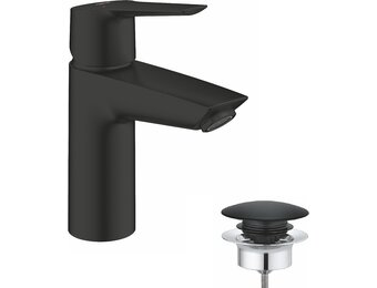 GROHE Start, wastafelarmatuur waterbesparend (kraan voor de badkamer, badkamerkraan met pop-up afvoer, 17 cm hoog, met 3-in-1 gereedschap, eenvoudige installatie op wastafel), zwart, 235502432