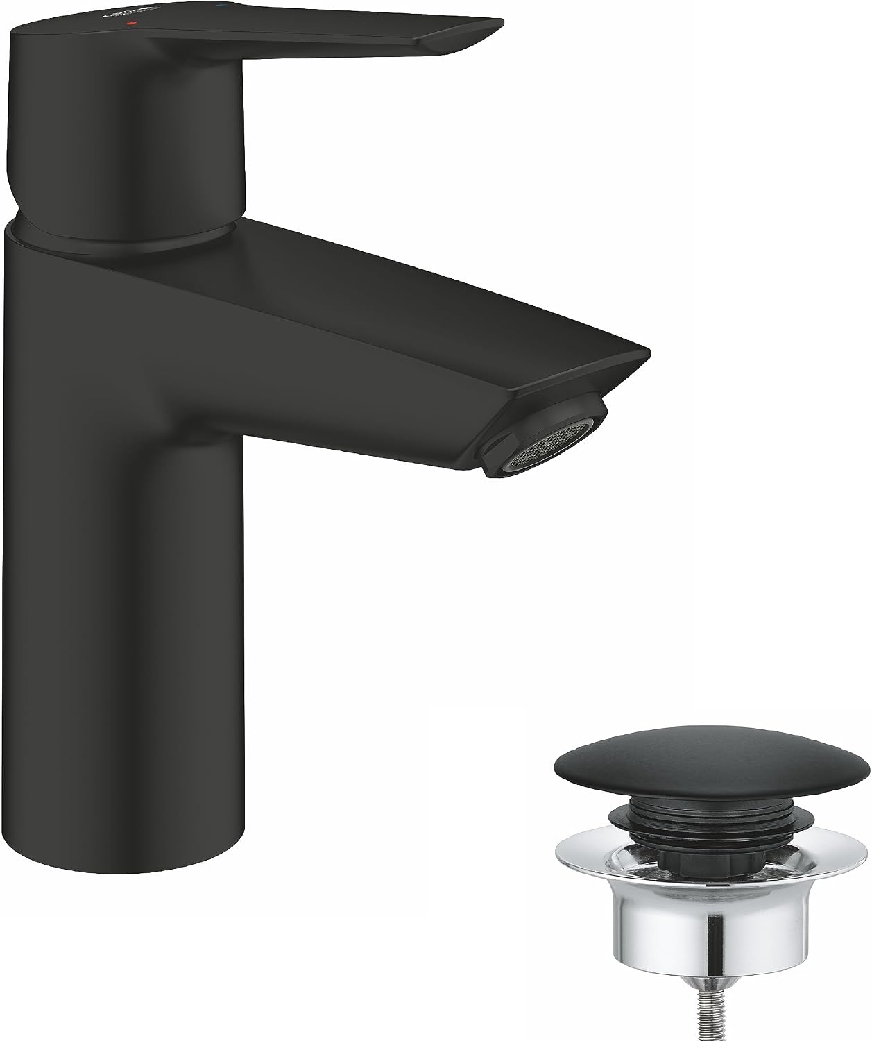 GROHE Start, wastafelarmatuur waterbesparend (kraan voor de badkamer, badkamerkraan met pop-up afvoer, 17 cm hoog, met 3-in-1 gereedschap, eenvoudige installatie op wastafel), zwart, 235502432