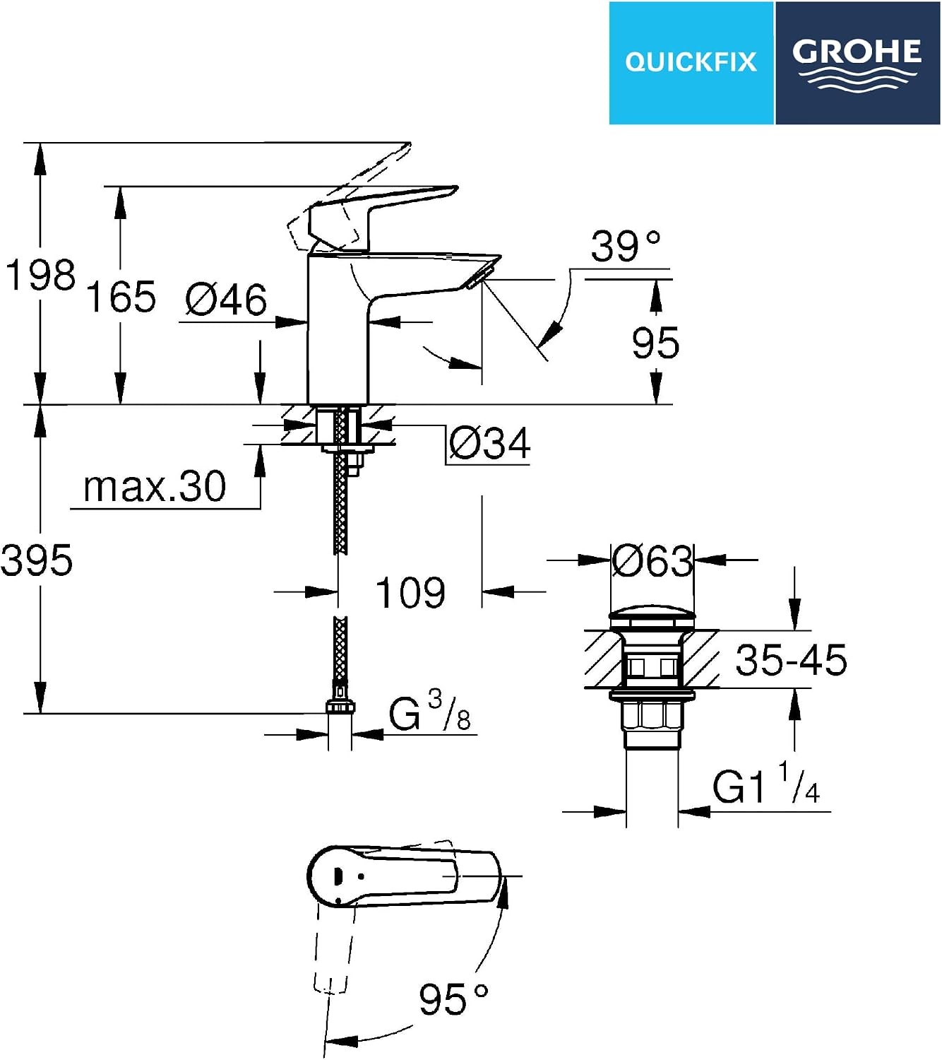 GROHE Start, wastafelarmatuur waterbesparend (kraan voor de badkamer, badkamerkraan met pop-up afvoer, 17 cm hoog, met 3-in-1 gereedschap, eenvoudige installatie op wastafel), zwart, 235502432