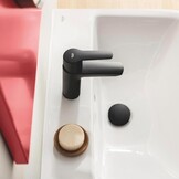 GROHE Start, wastafelarmatuur waterbesparend (kraan voor de badkamer, badkamerkraan met pop-up afvoer, 17 cm hoog, met 3-in-1 gereedschap, eenvoudige installatie op wastafel), zwart, 235502432