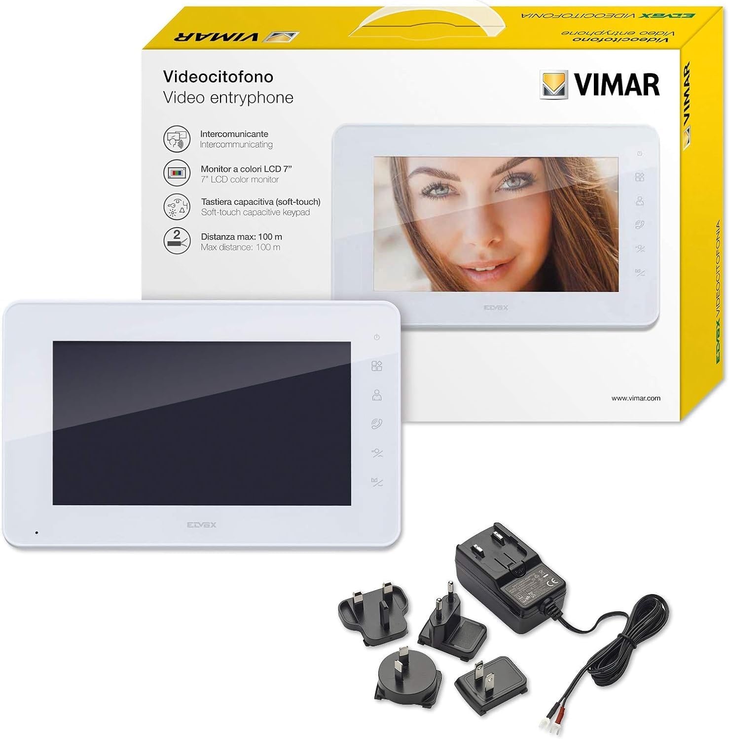 VIMAR K40912 Videodeur 7 inch Handsfree Videomonitor met Touch Knoppen, Voeding met verwisselbare Europese, Britse, Amerikaanse en Australische Standaardstekkers, voor installatie op het oppervlak