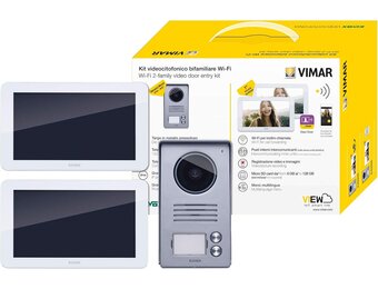 Vimar K40956 videospreekalageset 2 familie bevat handsfree touchscreen-videohaustelefoon LCD7in en WLAN-verbinding, 2-knops beltablet met regenbescherming, voeding, met accessoires voor AP-installatie