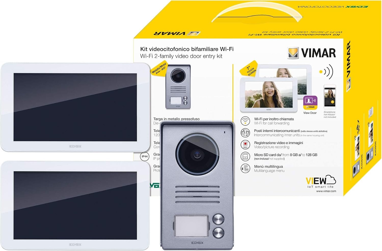 Vimar K40956 videospreekalageset 2 familie bevat handsfree touchscreen-videohaustelefoon LCD7in en WLAN-verbinding, 2-knops beltablet met regenbescherming, voeding, met accessoires voor AP-installatie