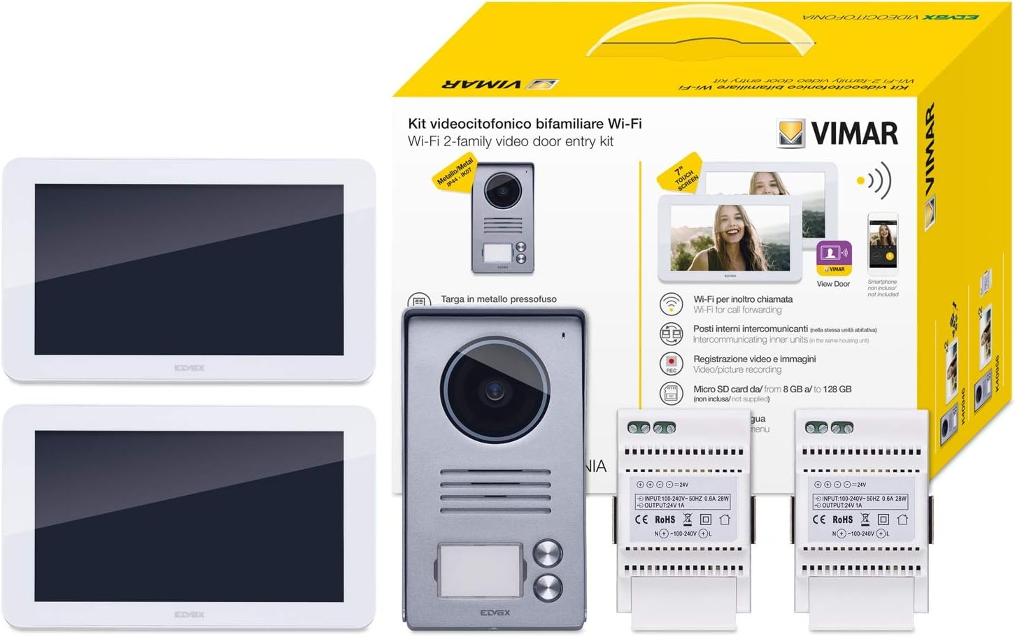 Vimar K40956 videospreekalageset 2 familie bevat handsfree touchscreen-videohaustelefoon LCD7in en WLAN-verbinding, 2-knops beltablet met regenbescherming, voeding, met accessoires voor AP-installatie