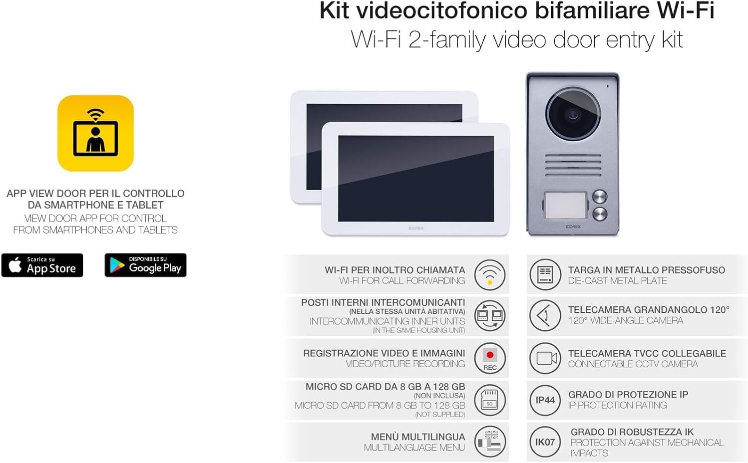 Vimar K40956 videospreekalageset 2 familie bevat handsfree touchscreen-videohaustelefoon LCD7in en WLAN-verbinding, 2-knops beltablet met regenbescherming, voeding, met accessoires voor AP-installatie