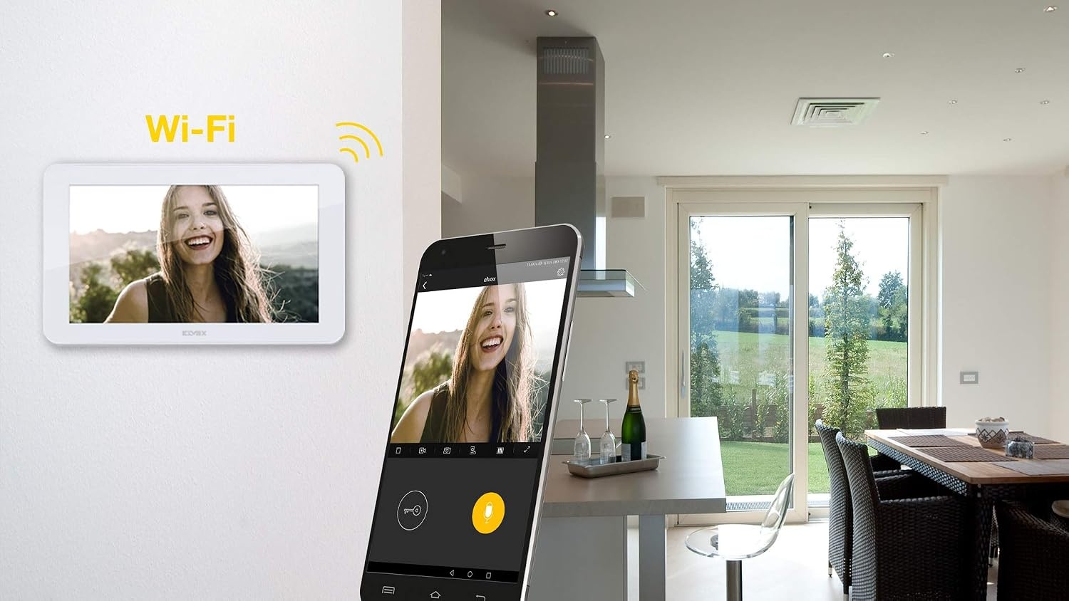 Vimar K40956 videospreekalageset 2 familie bevat handsfree touchscreen-videohaustelefoon LCD7in en WLAN-verbinding, 2-knops beltablet met regenbescherming, voeding, met accessoires voor AP-installatie