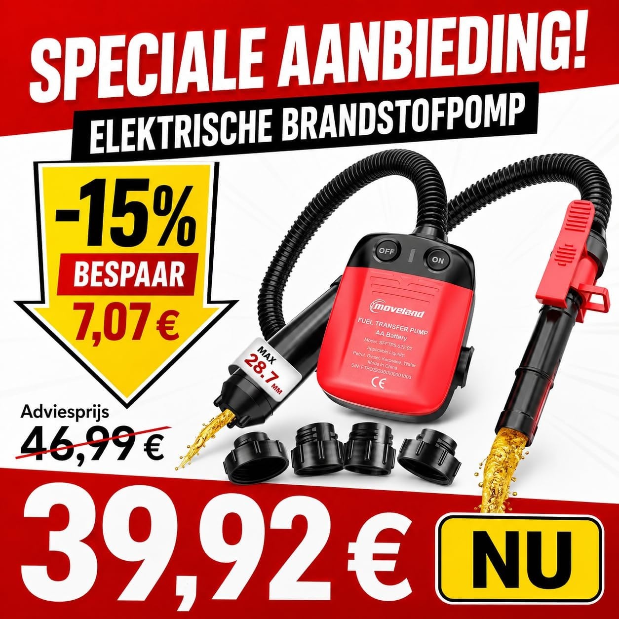 moveland Elektrische Brandstofpomp Auto-Stop 8,3 L/min Benzine & Diesel