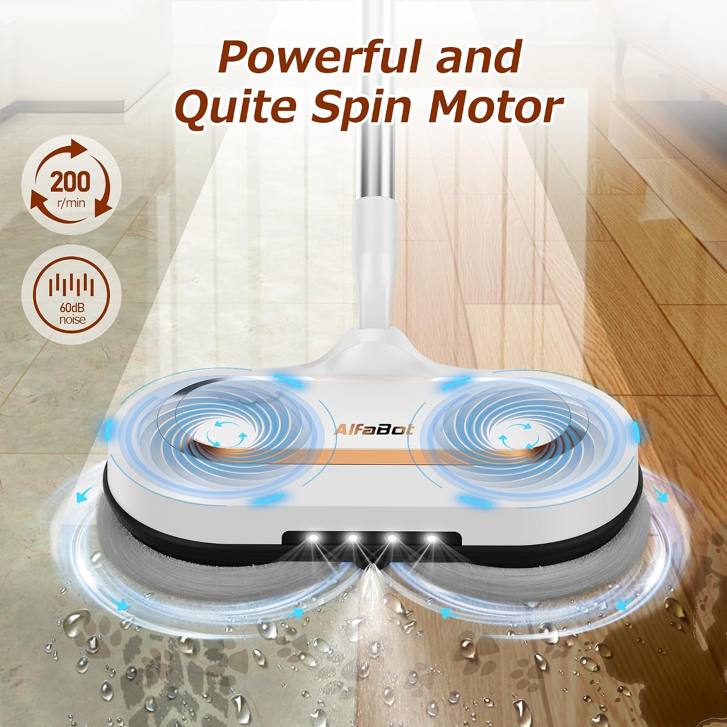 AlfaBot S2 Draadloze Elektrische Mop, Vloerreiniger 400 ml Watertank, 60 Minuten Looptijd, Met Led-licht en Sproeier, Voor Hardhout en Tegelvloeren