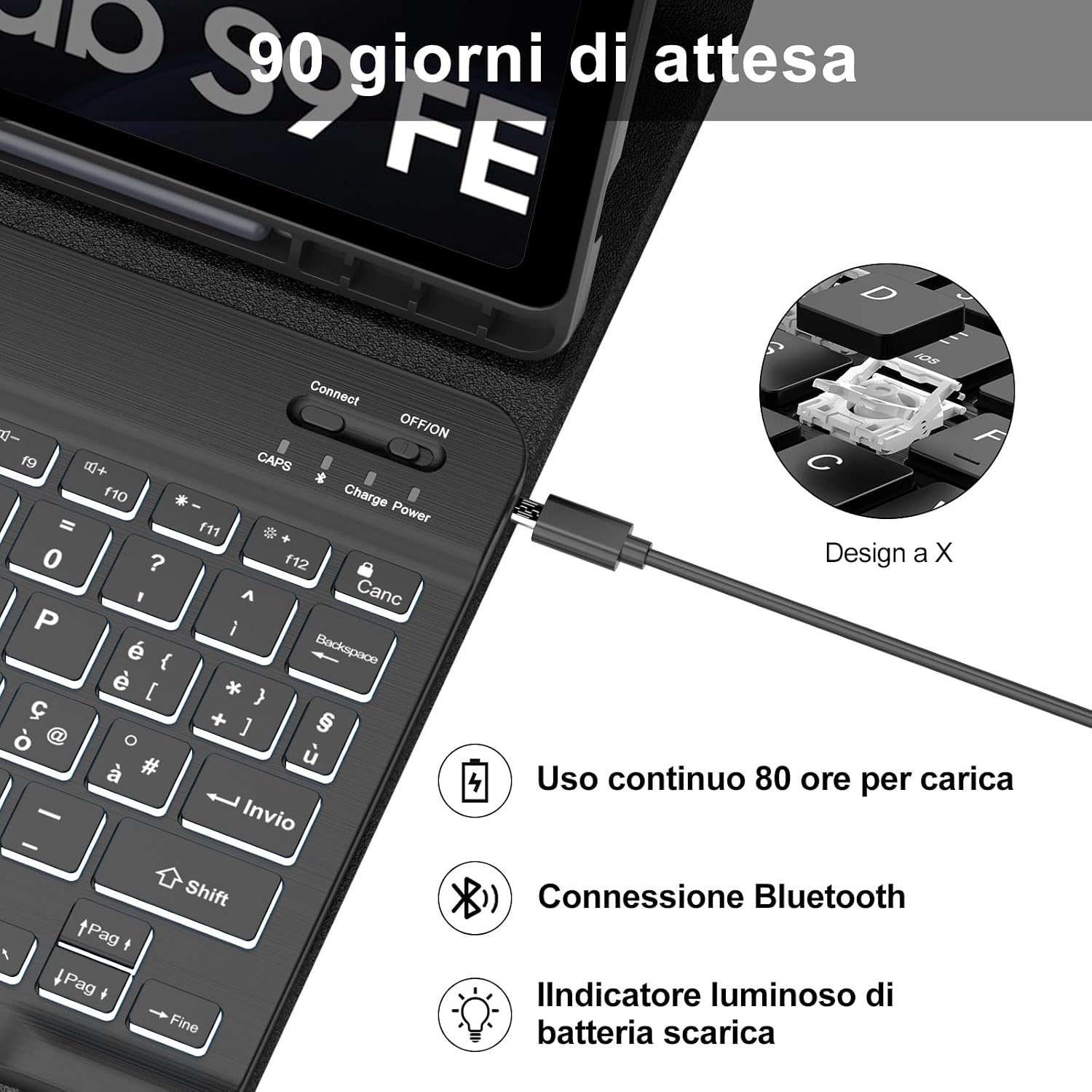 Toetsenbordhoes Samsung Galaxy Tab S9 FE 10.9" & Tab S9 11" | Italiaans Bluetooth toetsenbord met achtergrondverlichting afneembaar oplaadbaar Donkerb