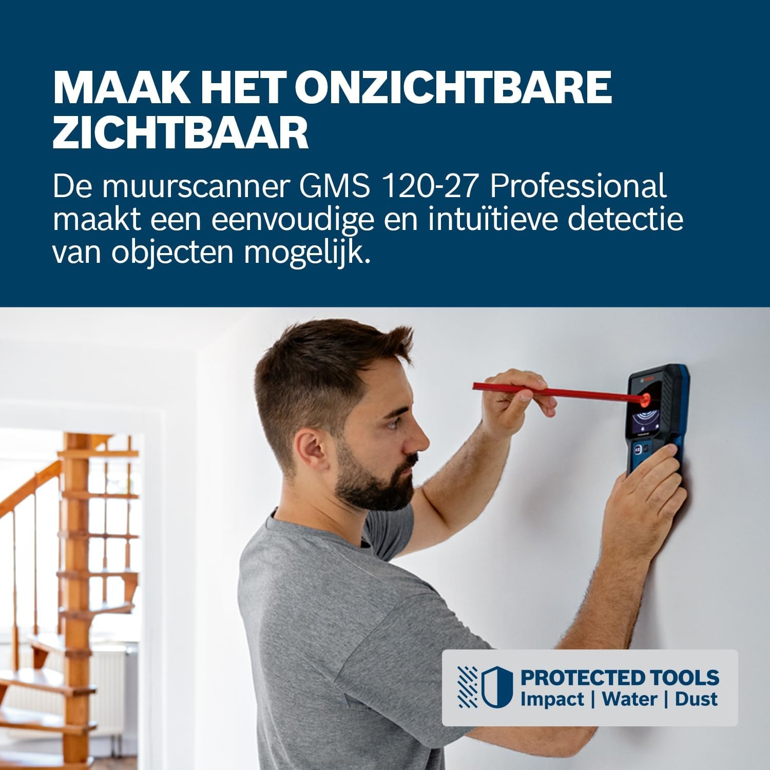 Bosch Professional muurscanner GMS 120-27 (USB-C-kabel, max. detectiediepte non-ferrometaal/ferrometaal/spanningvoerende leiding/hout: 120/100/50/30 mm, 2 x AA-batterijen, opbergetui)