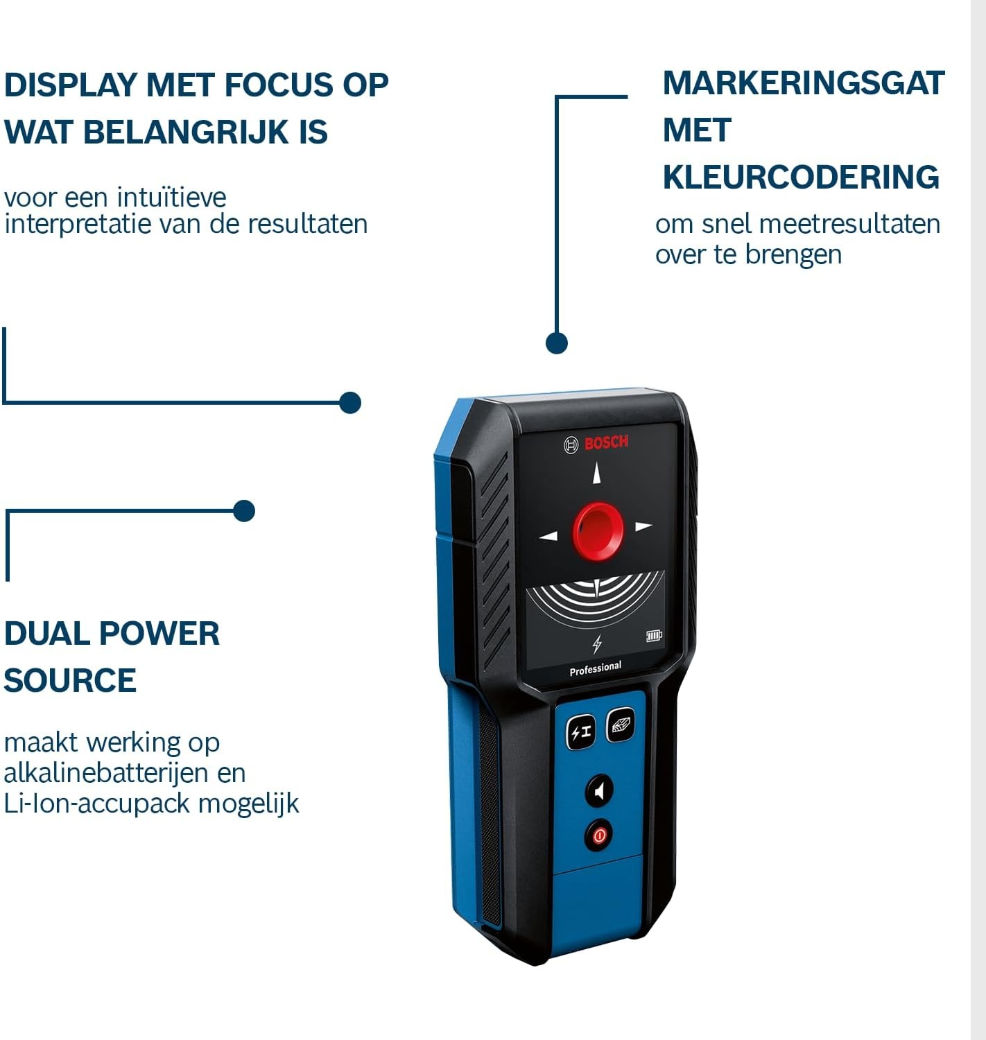 Bosch Professional muurscanner GMS 120-27 (USB-C-kabel, max. detectiediepte non-ferrometaal/ferrometaal/spanningvoerende leiding/hout: 120/100/50/30 mm, 2 x AA-batterijen, opbergetui)