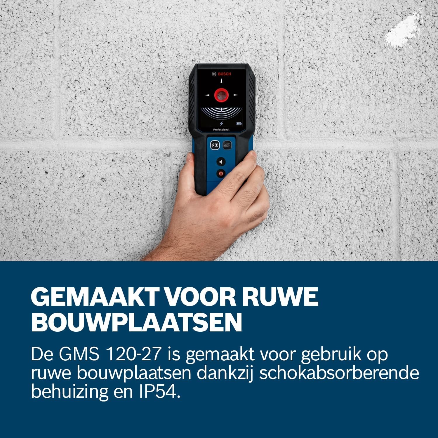 Bosch Professional muurscanner GMS 120-27 (USB-C-kabel, max. detectiediepte non-ferrometaal/ferrometaal/spanningvoerende leiding/hout: 120/100/50/30 mm, 2 x AA-batterijen, opbergetui)