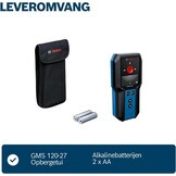 Bosch Professional muurscanner GMS 120-27 (USB-C-kabel, max. detectiediepte non-ferrometaal/ferrometaal/spanningvoerende leiding/hout: 120/100/50/30 mm, 2 x AA-batterijen, opbergetui)