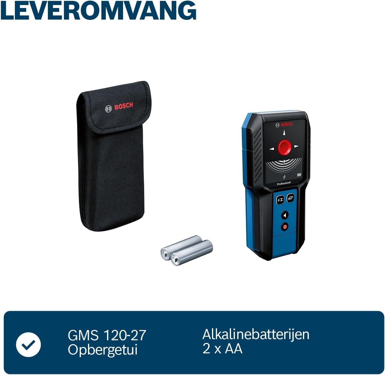 Bosch Professional muurscanner GMS 120-27 (USB-C-kabel, max. detectiediepte non-ferrometaal/ferrometaal/spanningvoerende leiding/hout: 120/100/50/30 mm, 2 x AA-batterijen, opbergetui)