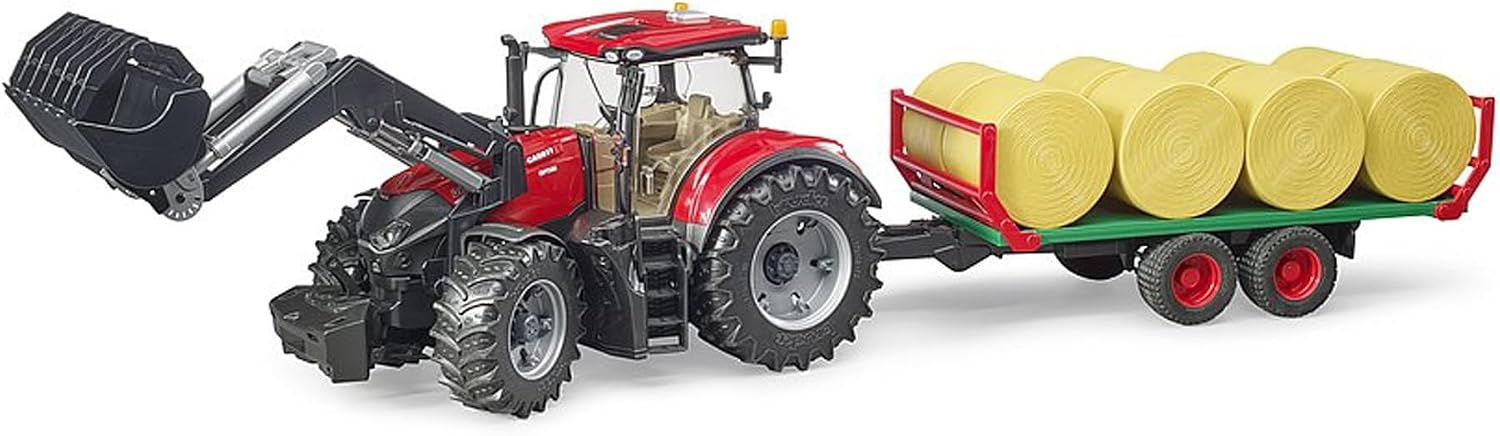 bruder 03198 - Case IH Optum 300CVX met voorlader, balenwagen | Tractor met ronde balenwagen, voor boerderij, landbouw, speelgoed vanaf 3 jaar, 1:16