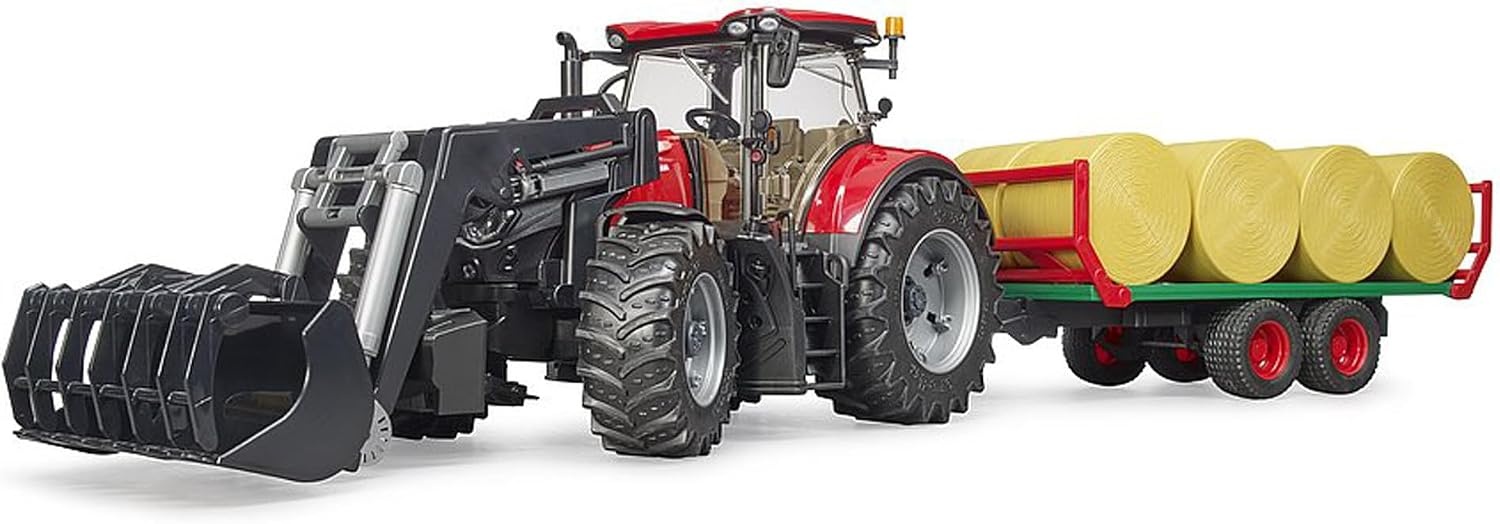 bruder 03198 - Case IH Optum 300CVX met voorlader, balenwagen | Tractor met ronde balenwagen, voor boerderij, landbouw, speelgoed vanaf 3 jaar, 1:16