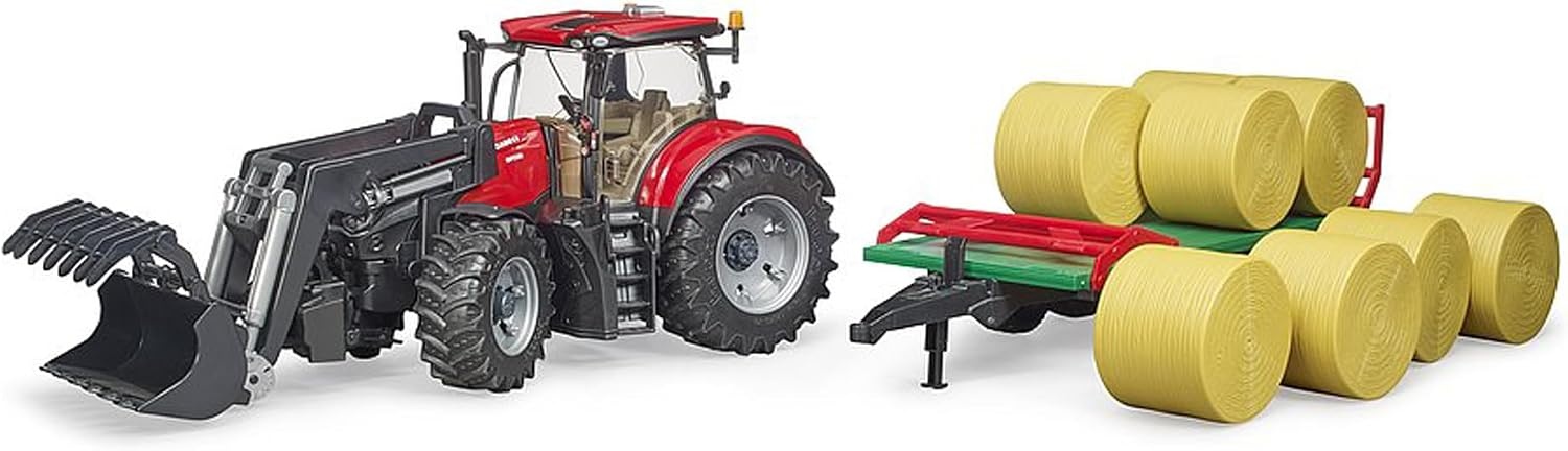 bruder 03198 - Case IH Optum 300CVX met voorlader, balenwagen | Tractor met ronde balenwagen, voor boerderij, landbouw, speelgoed vanaf 3 jaar, 1:16