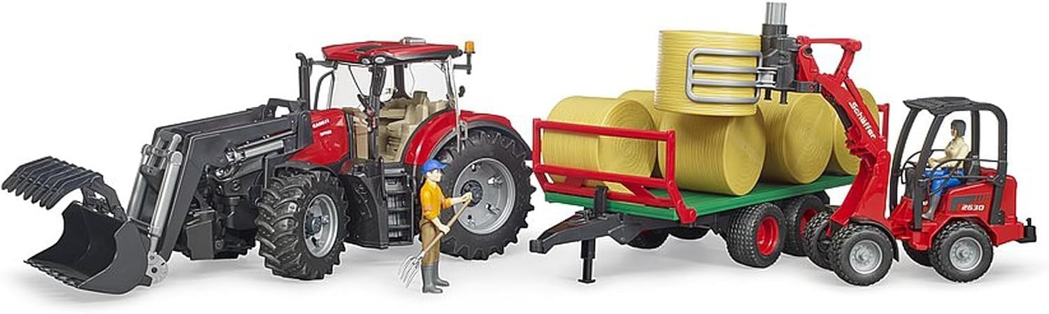 bruder 03198 - Case IH Optum 300CVX met voorlader, balenwagen | Tractor met ronde balenwagen, voor boerderij, landbouw, speelgoed vanaf 3 jaar, 1:16