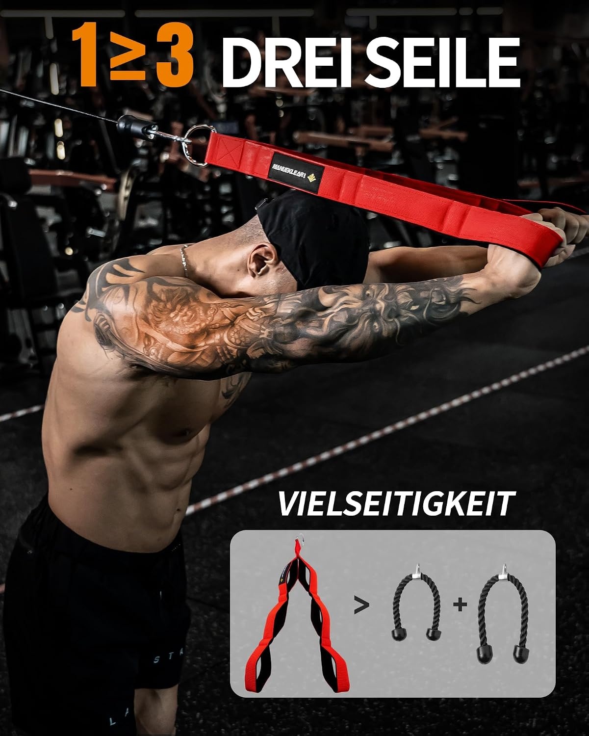 Tricepstouw extra lang | Kabelbevestiging met groter bewegingsbereik | Twee handgrepen voor push-downs, crunches, facepulls fitness
