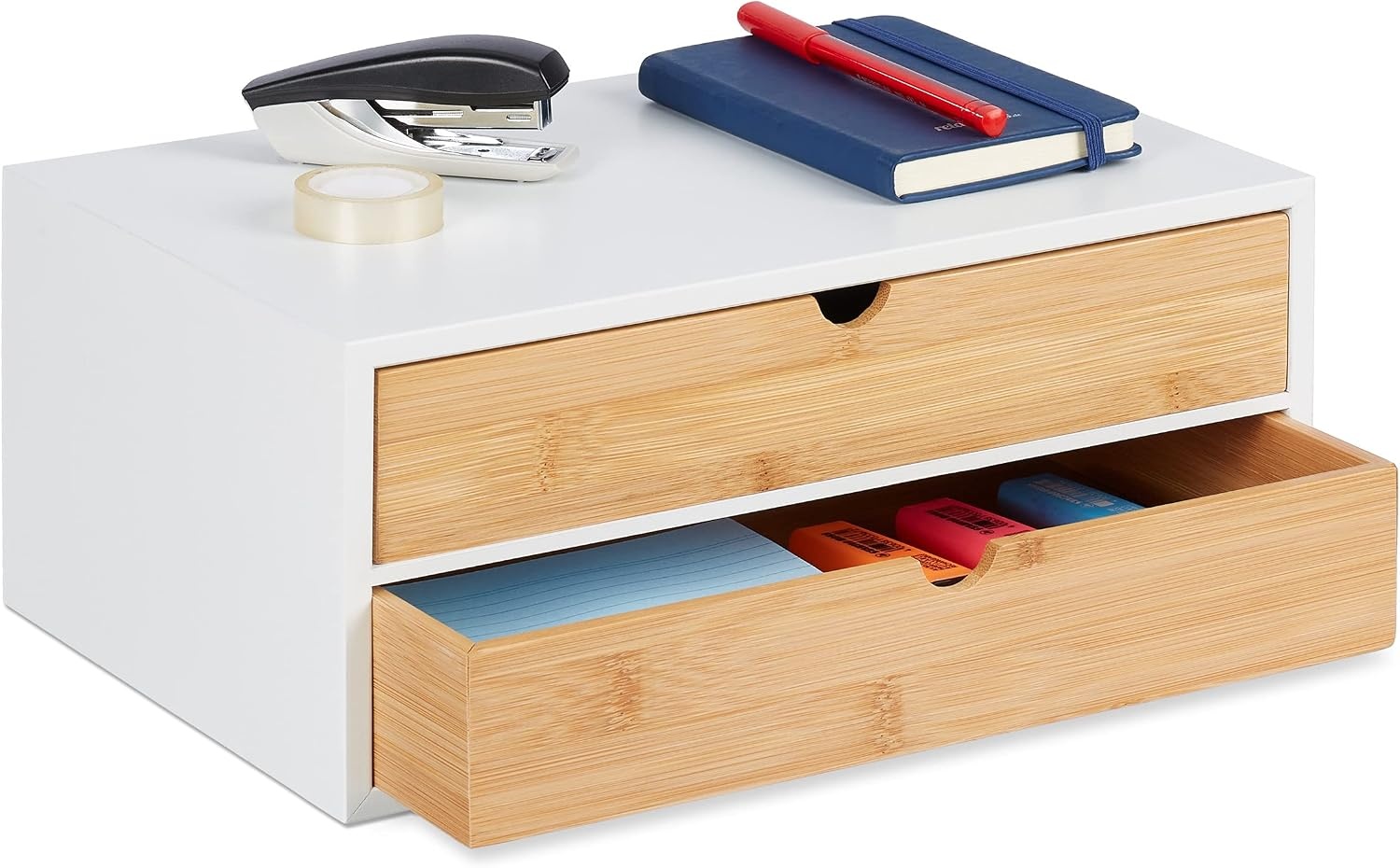 Bureau Organizer met 2 Lades - Bamboe & MDF - Wit/Natuur - 33% Korting