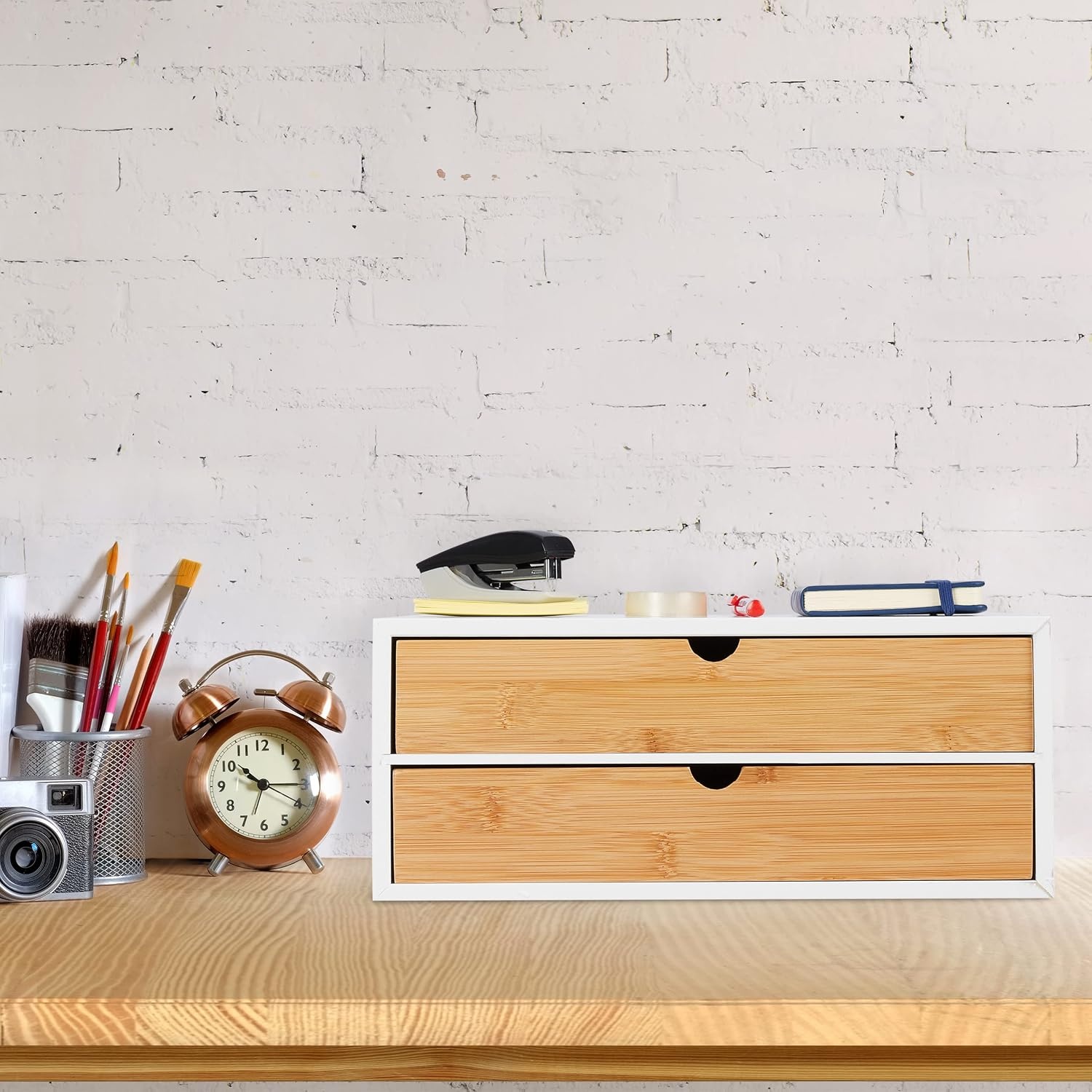 Bureau Organizer met 2 Lades - Bamboe & MDF - Wit/Natuur - 33% Korting