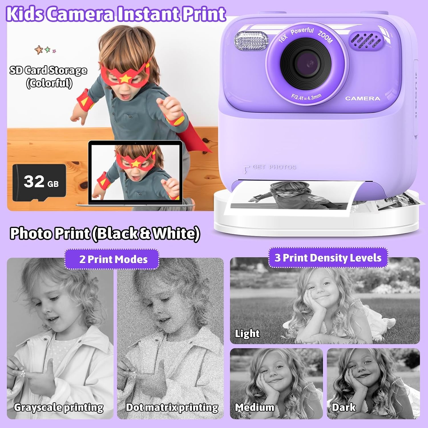 Digitale Kinder Instant Camera Paars | 1080p | Direct Print | 32GB | 34% Korting