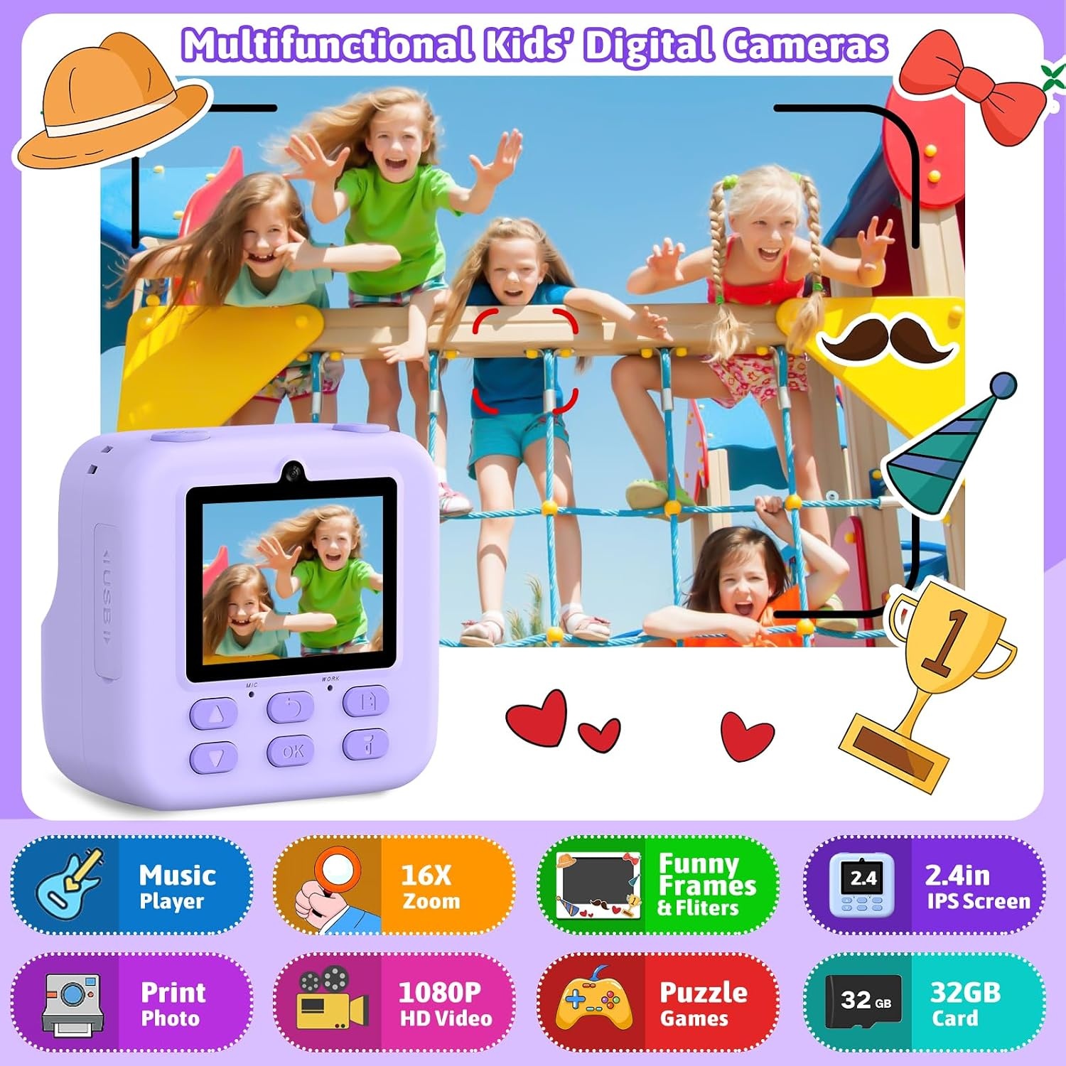 Digitale Kinder Instant Camera Paars | 1080p | Direct Print | 32GB | 34% Korting