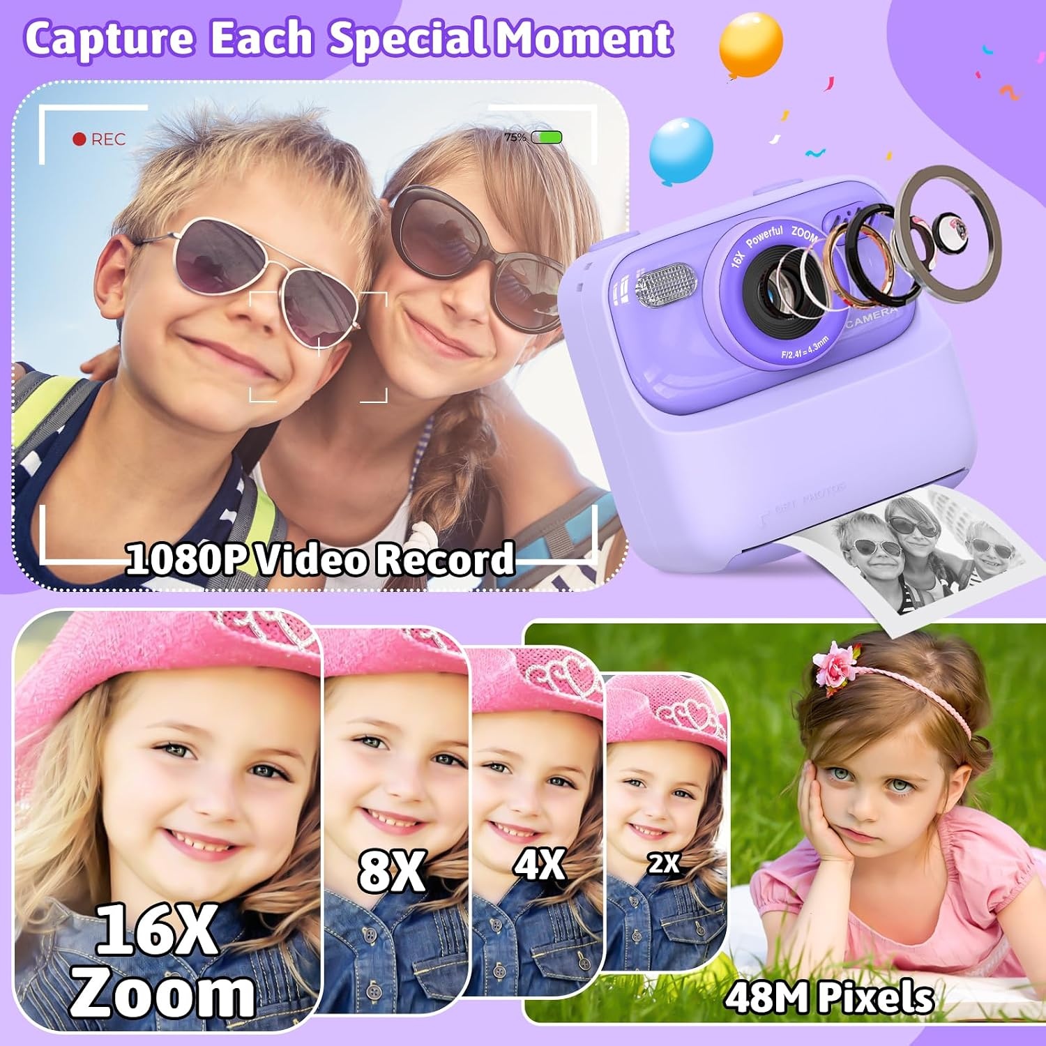 Digitale Kinder Instant Camera Paars | 1080p | Direct Print | 32GB | 34% Korting