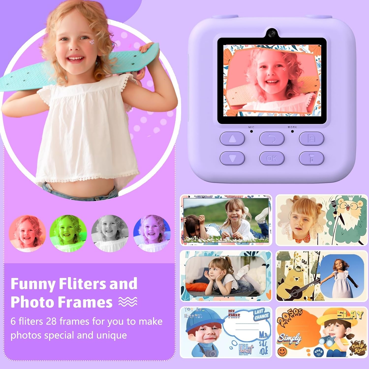 Digitale Kinder Instant Camera Paars | 1080p | Direct Print | 32GB | 34% Korting