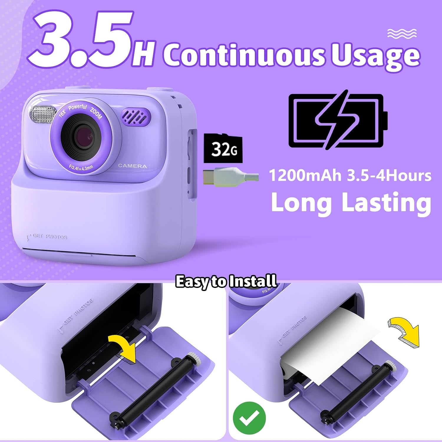 Digitale Kinder Instant Camera Paars | 1080p | Direct Print | 32GB | 34% Korting