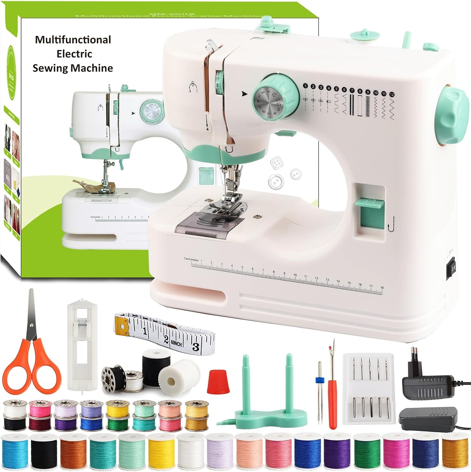 Kindernaaimachine met 12 steken, 2 snelheden & voetpedaal - Wit/Groen (53% korting)