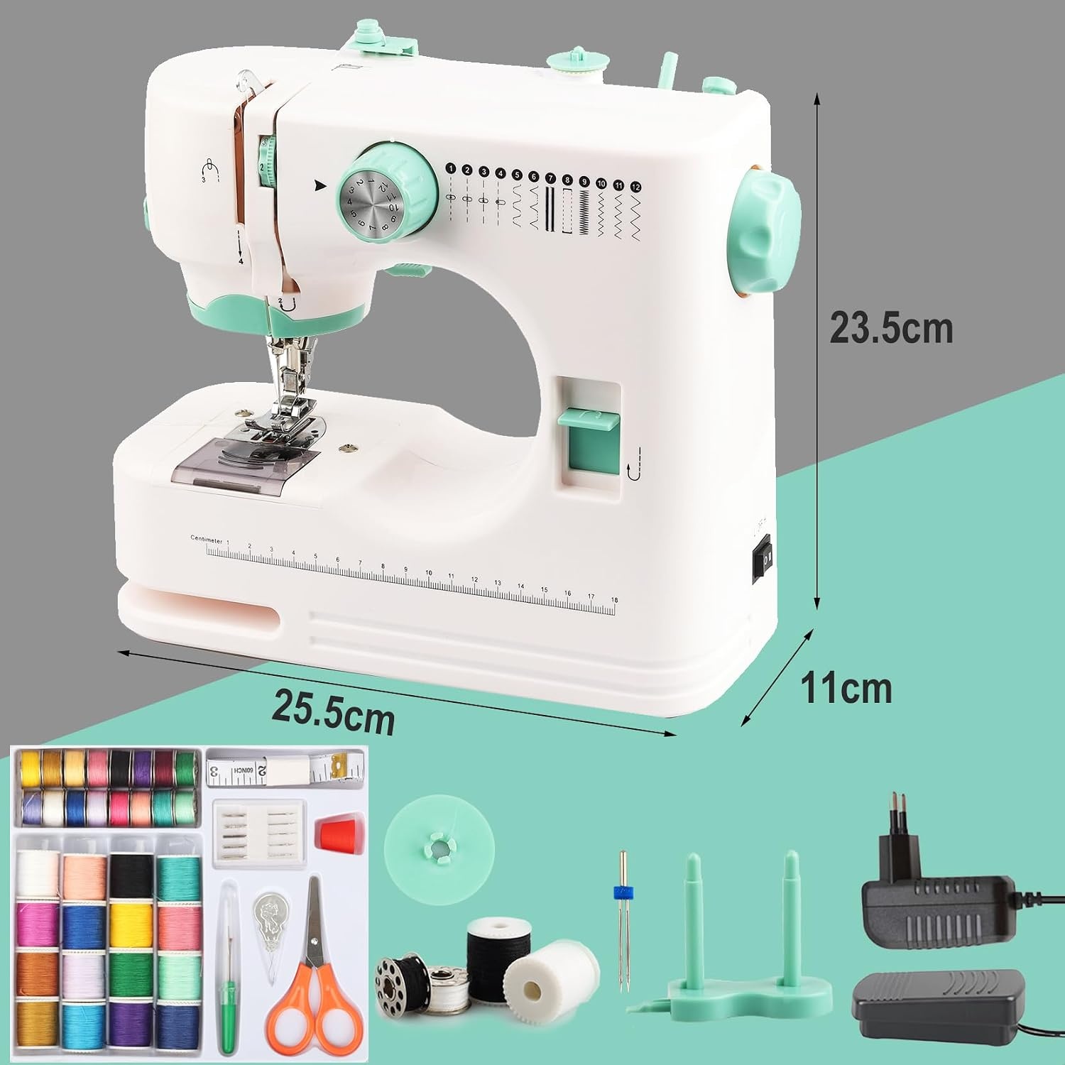 Kindernaaimachine met 12 steken, 2 snelheden & voetpedaal - Wit/Groen (53% korting)
