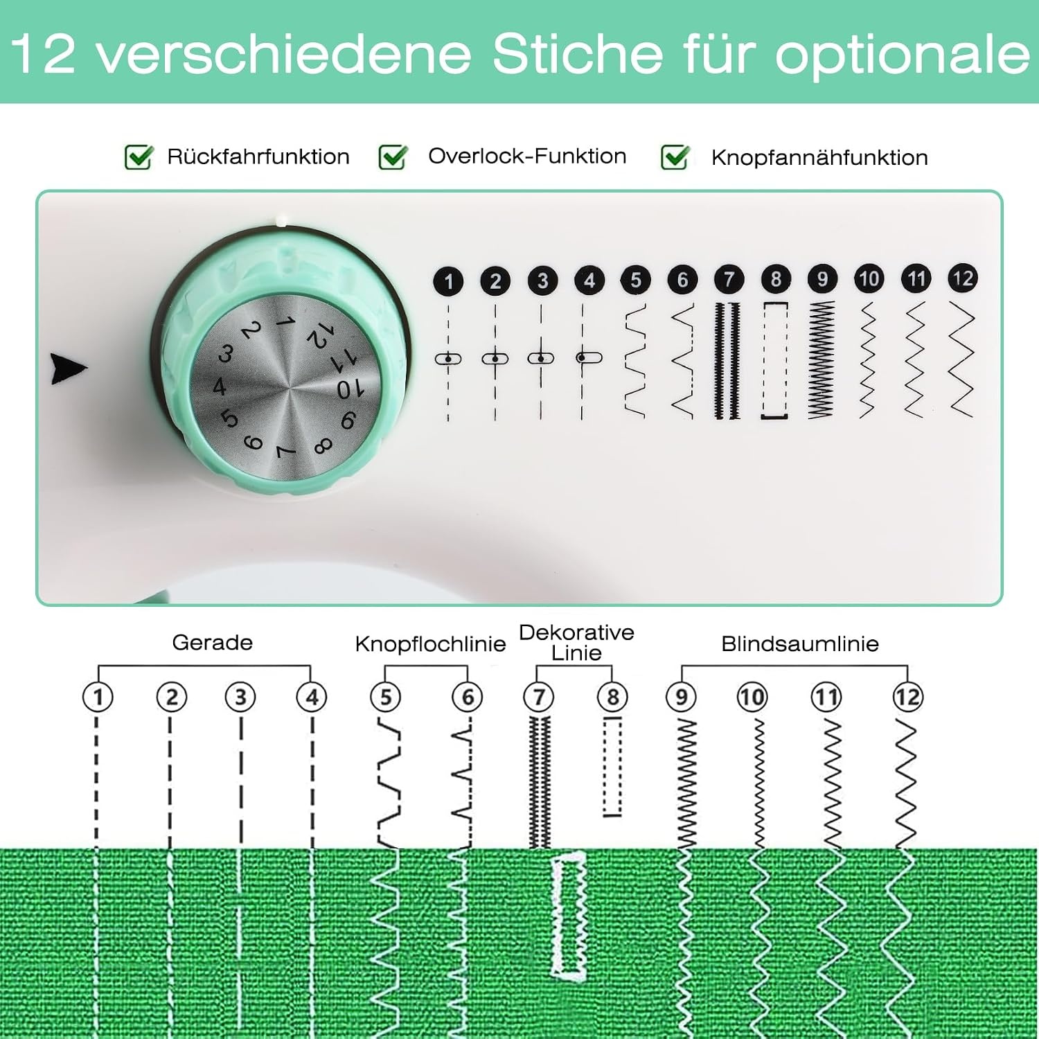 Kindernaaimachine met 12 steken, 2 snelheden & voetpedaal - Wit/Groen (53% korting)